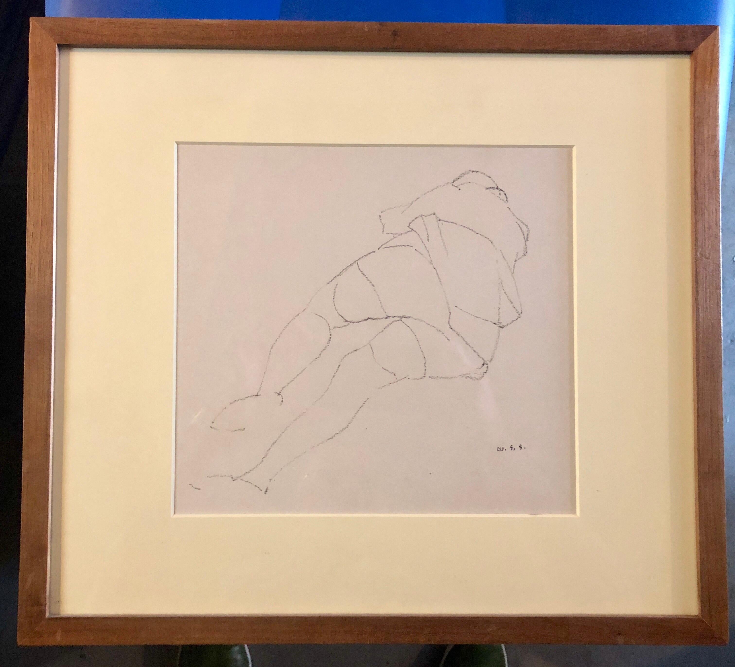 Chicago Modernist Line Drawing Reclining Nude WPA Artist. Exhibited Work 1