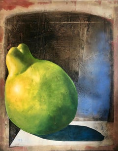 Grande peinture à l'huile brésilienne surréaliste - Nature morte surréaliste - Fruits de poire - Femme