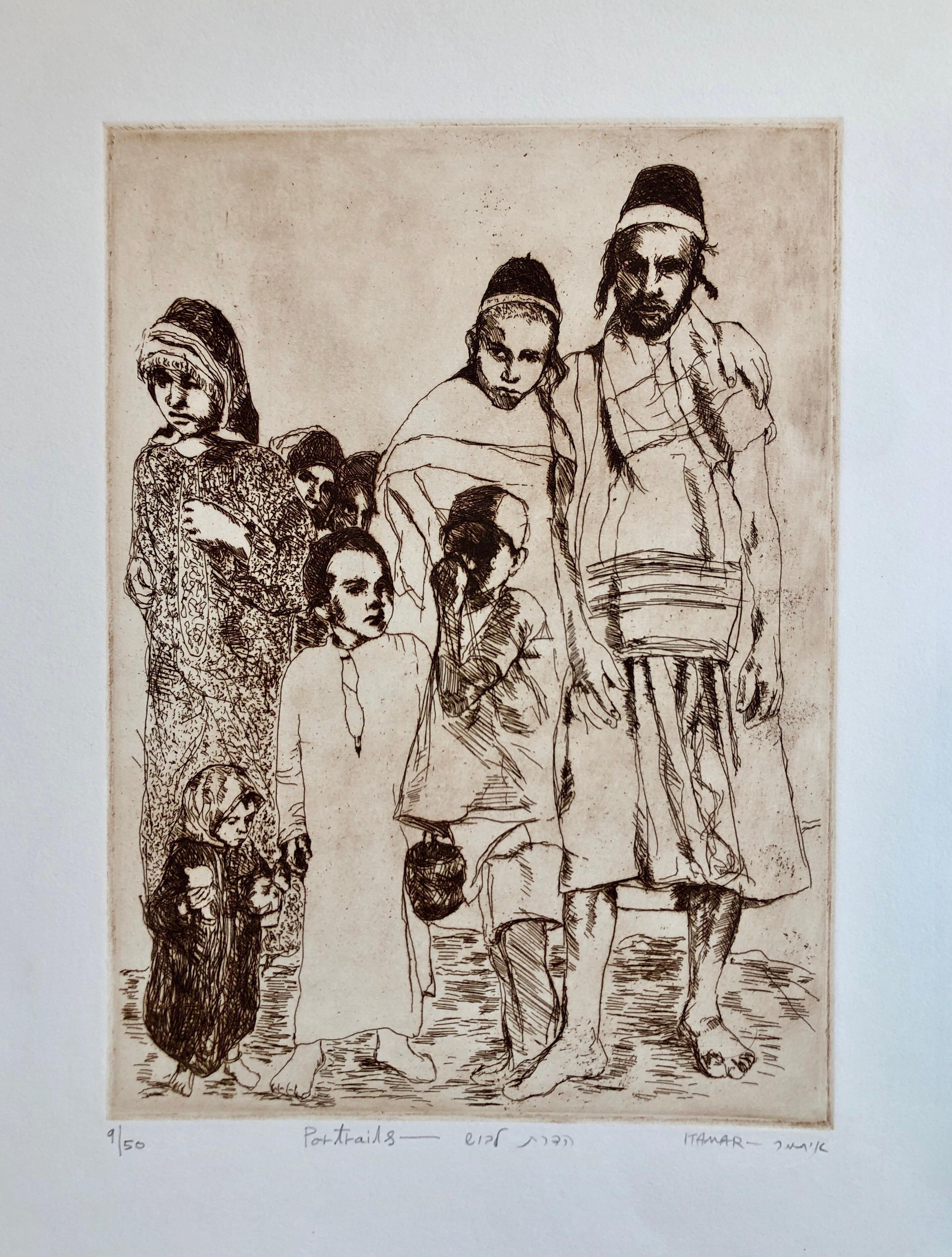 Itamar Siani Portrait Print - Jewish Yemenite Etching Art Print Israeli Traditional Clothing Judaica Aliyah