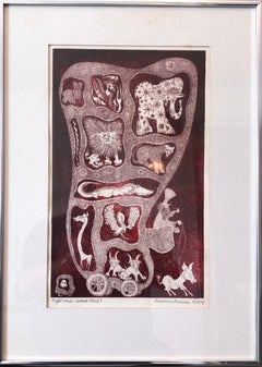 Mod Surrealist 1970s Etching with Watercolor Painting Night Coach Exotic Animals