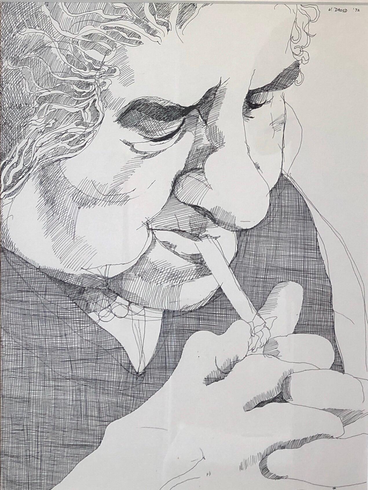 Golda Meir Israeli Woman Prime Minister Smoking Cigarette Ink Line Drawing 1972 