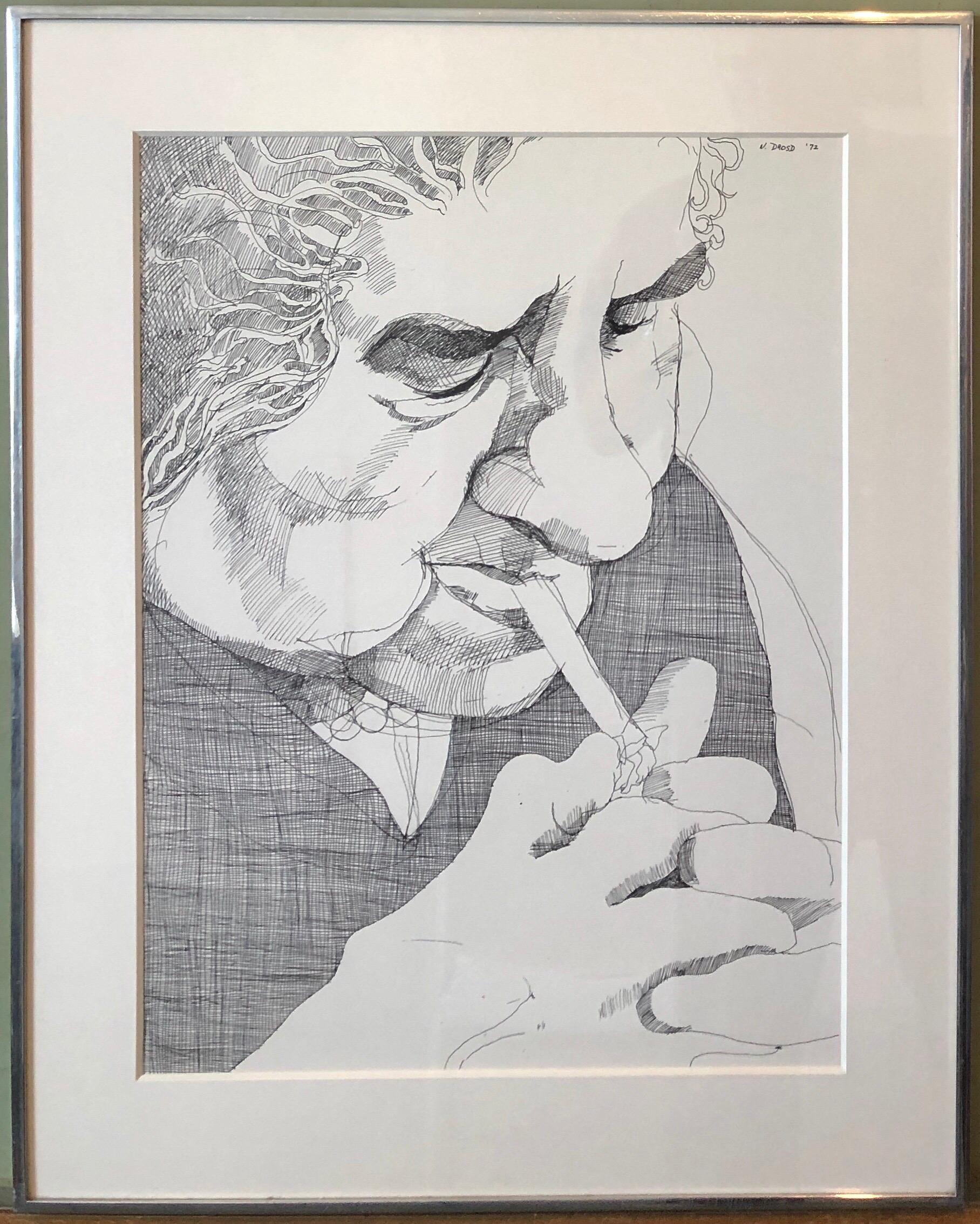 Golda Meir Israeli Woman Prime Minister Smoking Cigarette Ink Line Drawing 1972 - Art by Nancy Drosd