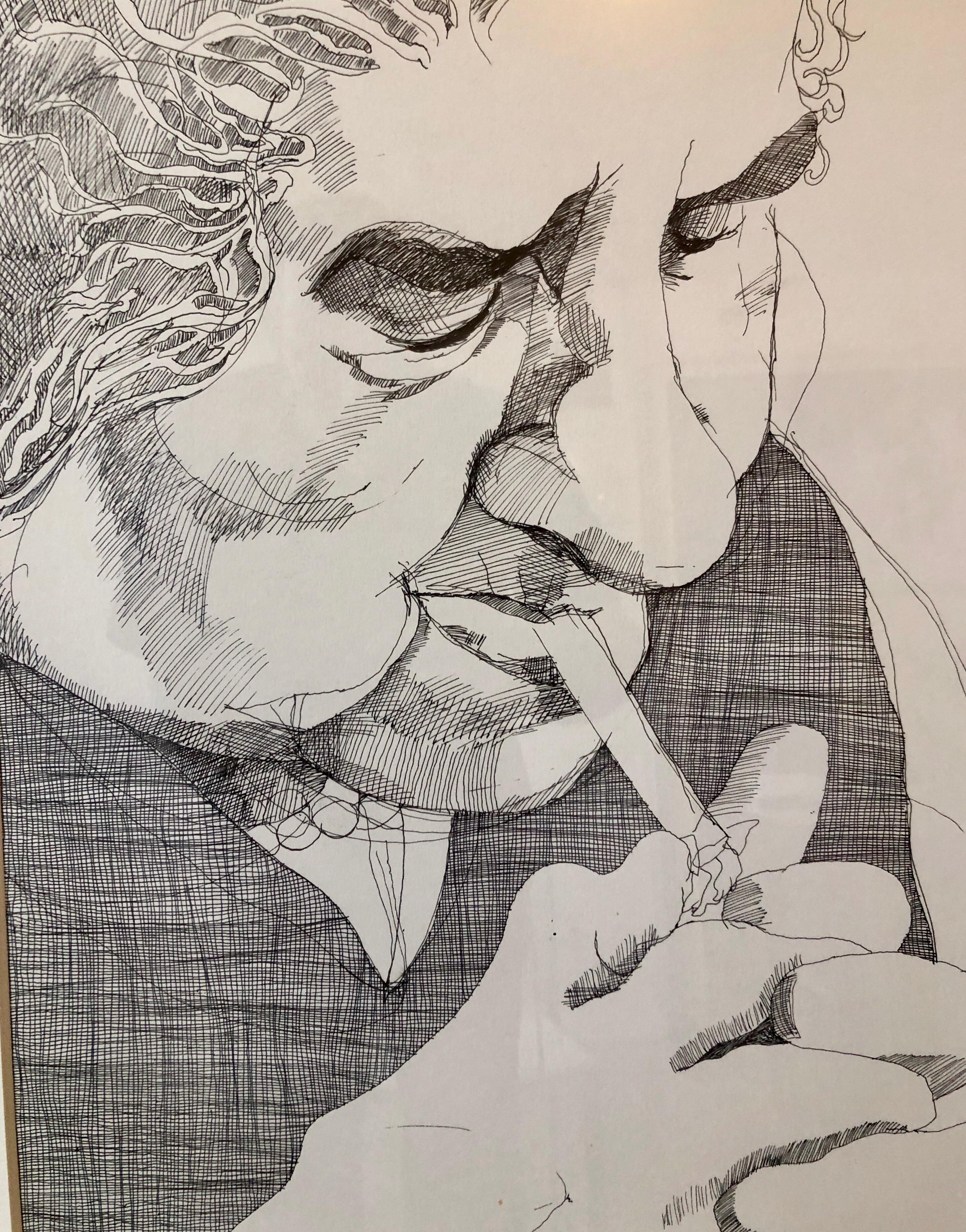 Golda Meir Israeli Woman Prime Minister Smoking Cigarette Ink Line Drawing 1972 - Gray Portrait by Nancy Drosd