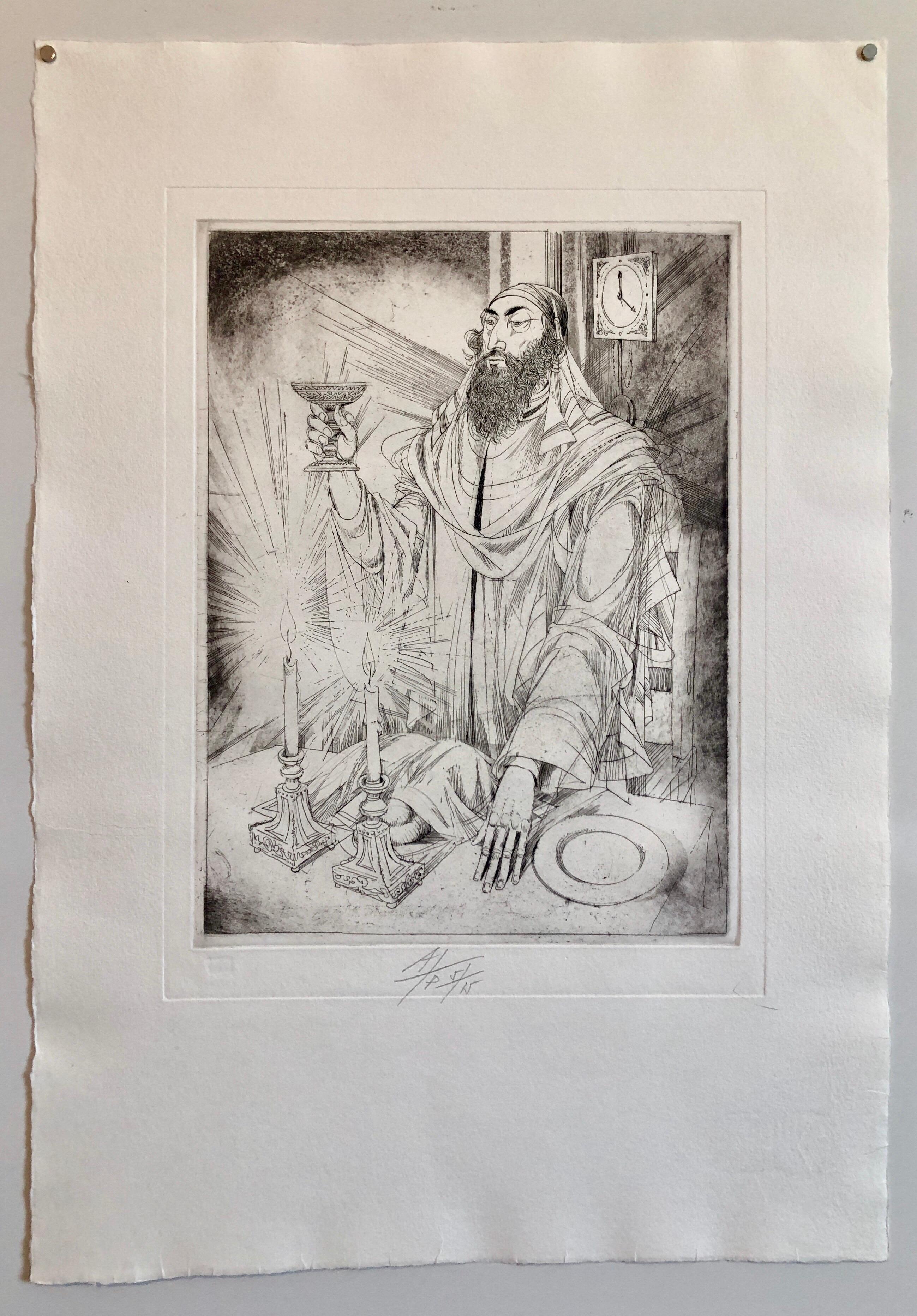 Hungarian Modernist Judaica Etching Print Kiddush, Jewish Rabbi at Shabbat Feast For Sale 1