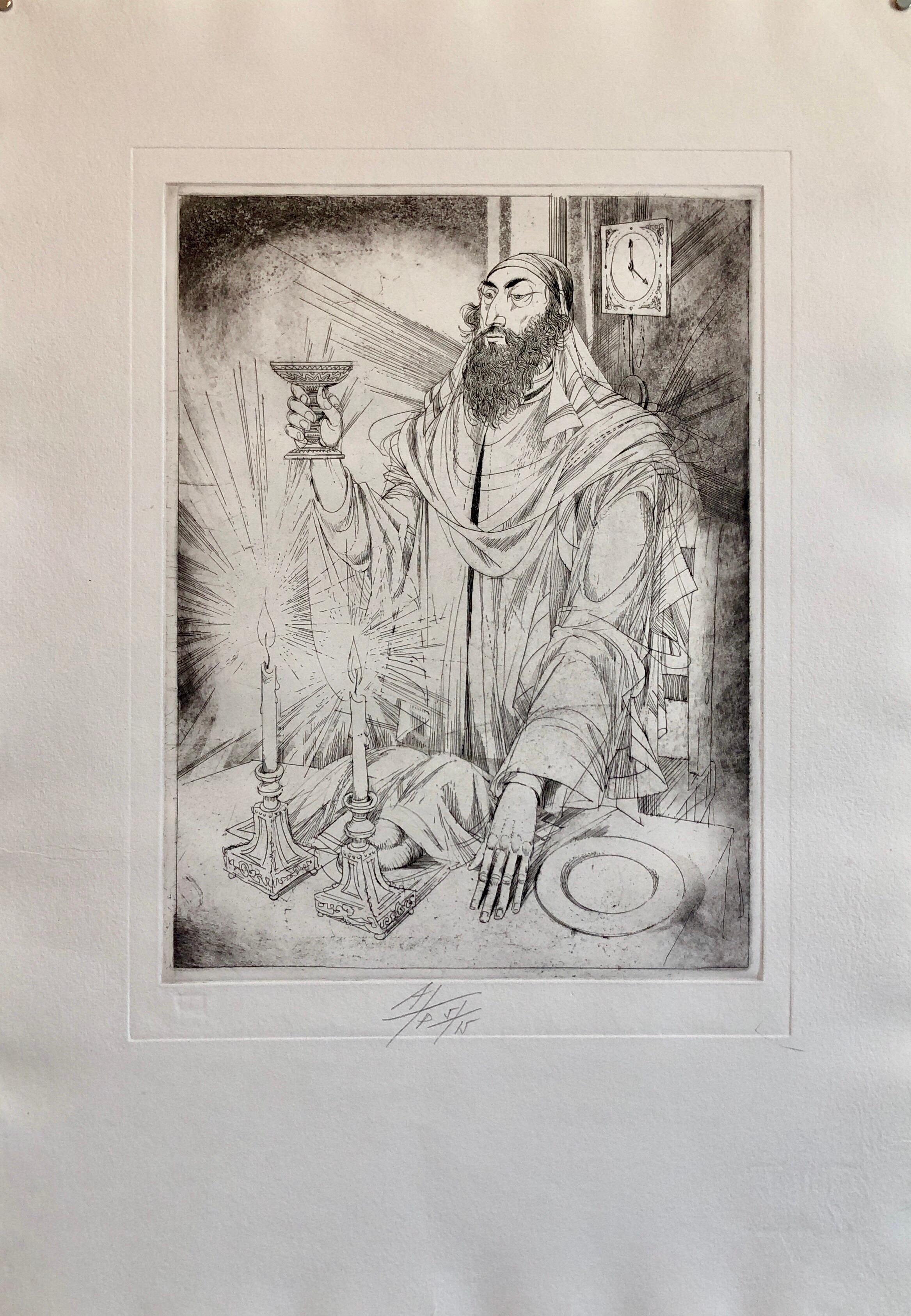 Kiddush, jüdischer Rabbi im Shabbat-Feast, modernistischer Judaica-Radierungsdruck, Ungar – Print von Janos Kass