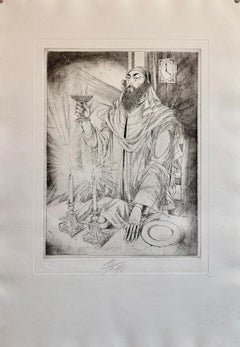 Kiddush juif lors de la fête Shabbat, lapin juif au Shabbat, gravure à l'eau-forte moderniste hongroise