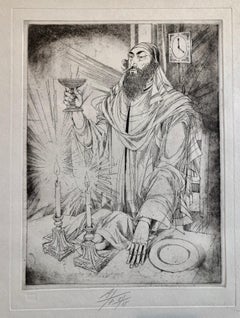 Hungarian Modernist Judaica Etching Print Kiddush, Jewish Rabbi at Shabbat Feast