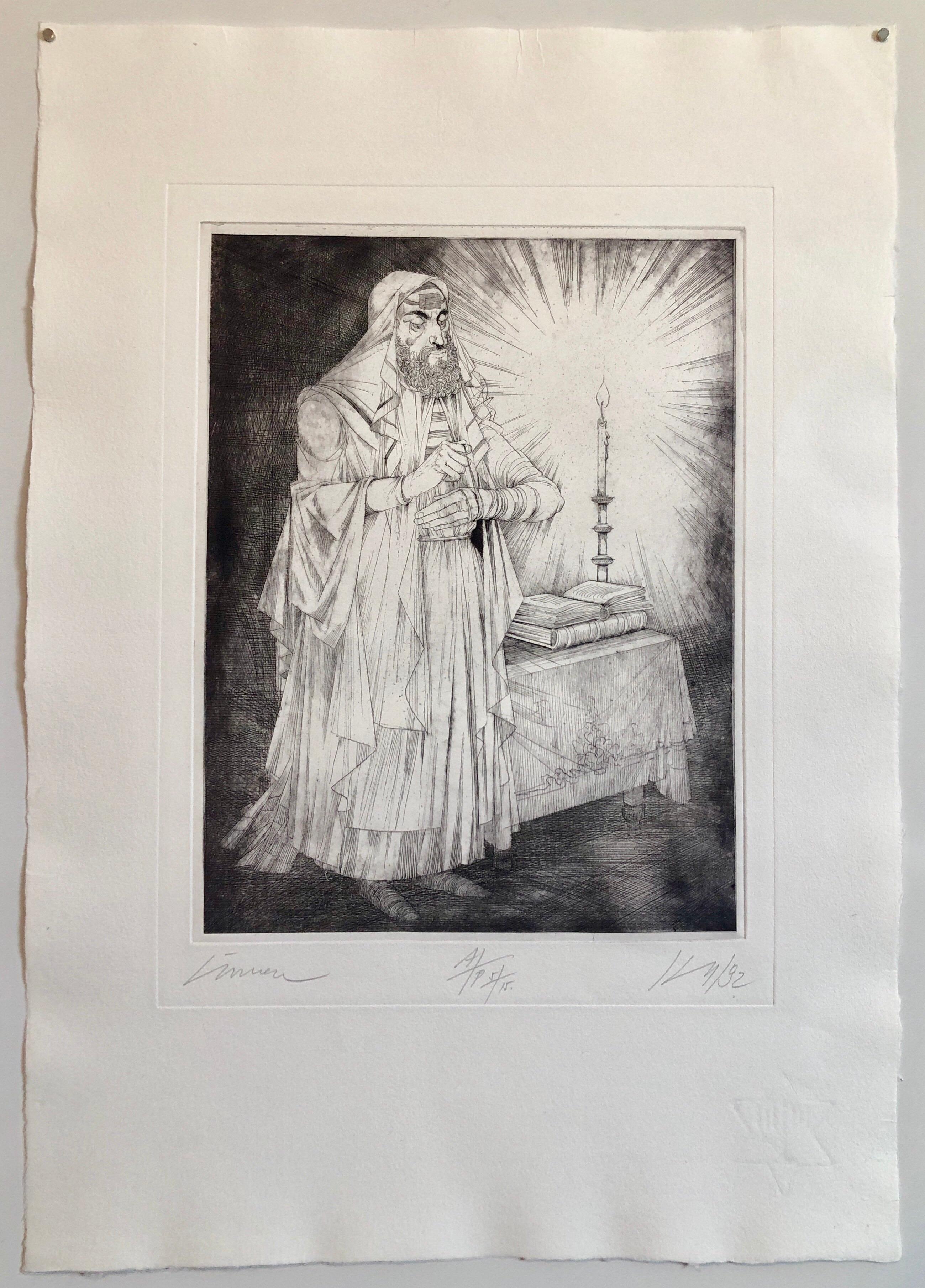 Hungarian Modernist Judaica Etching Print Teffilin, Jewish Rabbi in Prayer 6