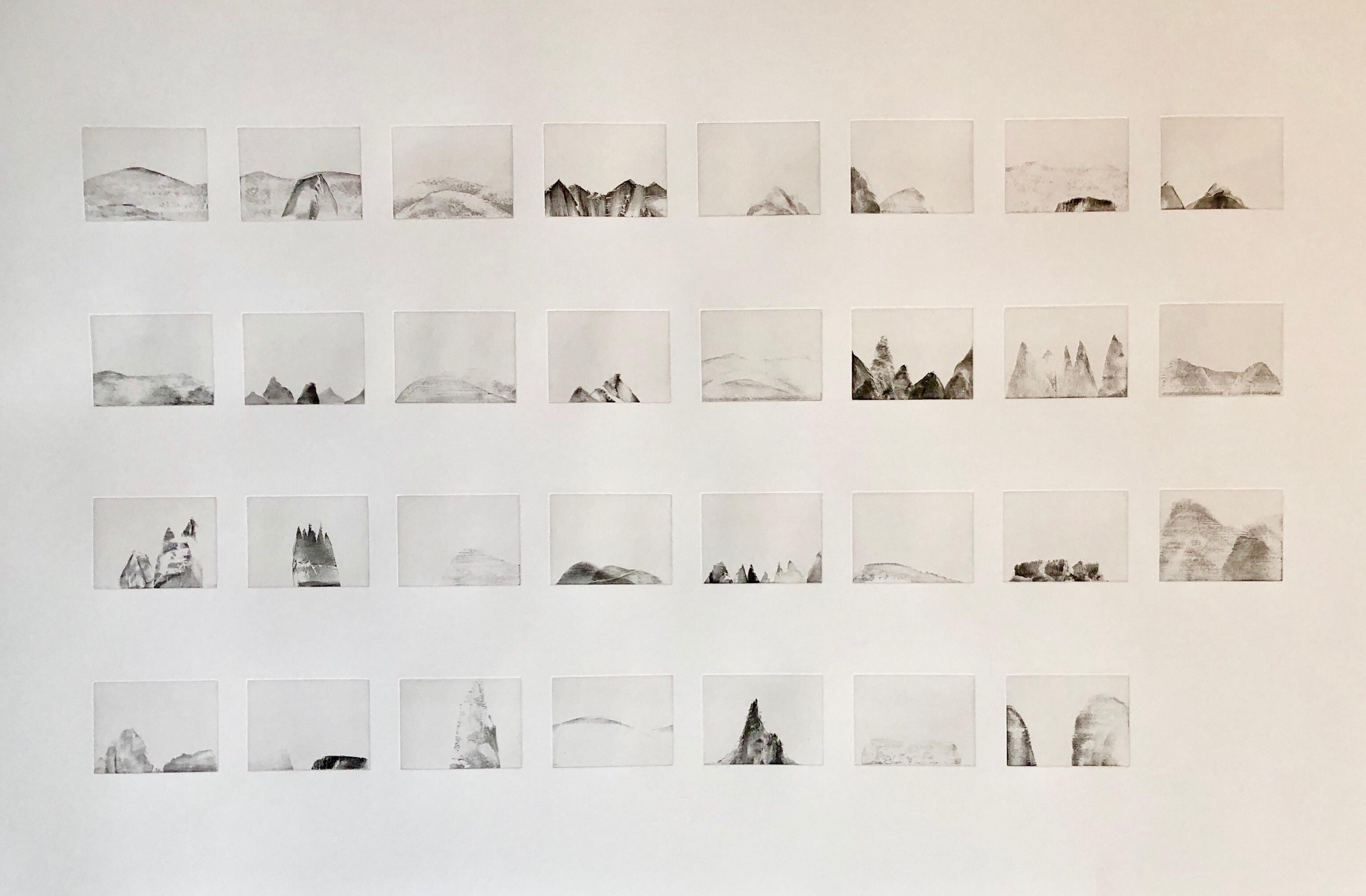 Sandrine Guerin Landscape Print - MOUNTAINS, 31 Etchings Printed 1 sheet, Large Art Etching French American Artist