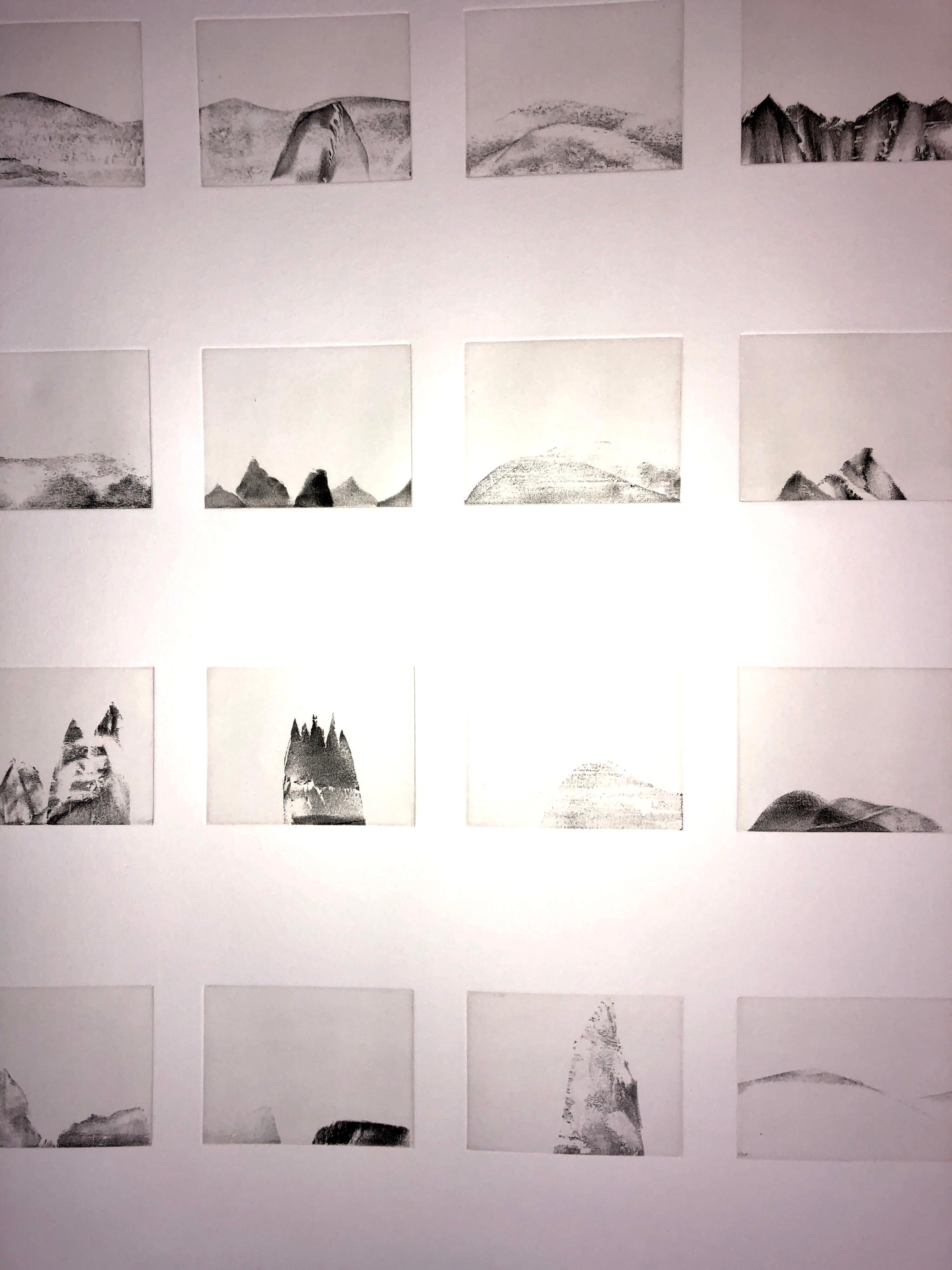 MOUNTAINS, 31 Etchings Printed 1 sheet, Large Art Etching French American Artist - Gray Landscape Print by Sandrine Guerin