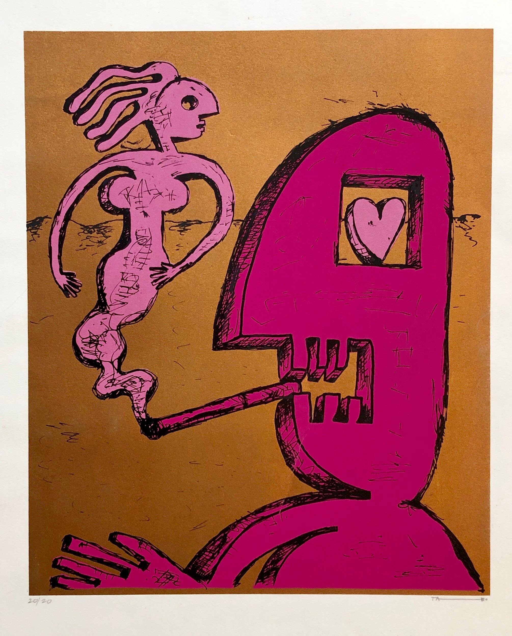 silkscreen print, hand signed metallic bronze and fuchsia. man smoking, After Phillip Guston. 
Tabo Toral, Panamanian (1950 - ) Born Boquete, Chiriquí. Panamanian painter.  
Studied plastic arts in the United States between 1969-1970 at The Maryland