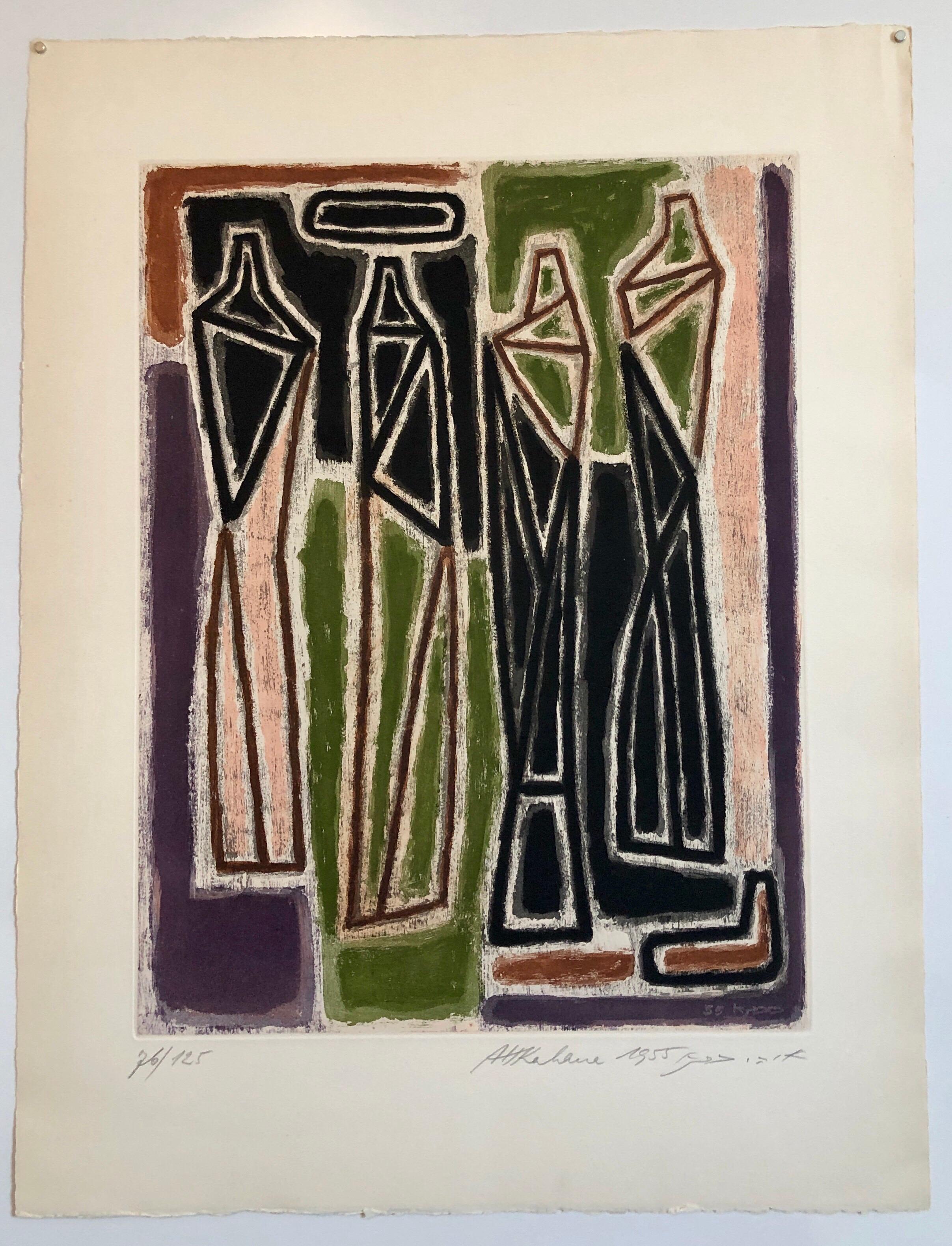1959 Israeli Aharon Kahana Modernist Aquatint Etching Judaica Rabbi & Students 2