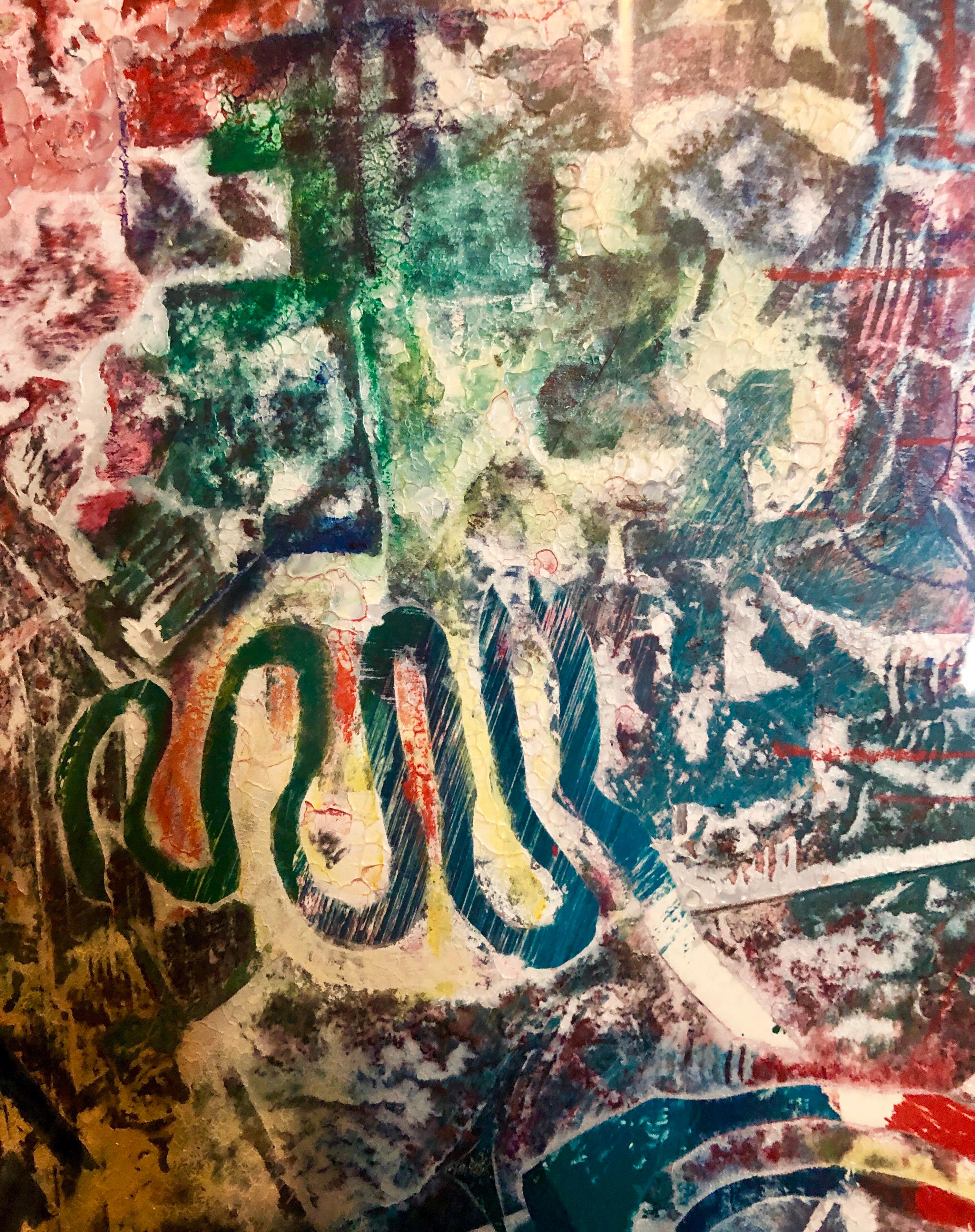 Large Abstract Modernist Monterey Series Mixed Media Monotype Colorful Painting 3