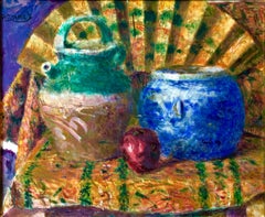 Peinture à l'huile fauviste japonaise colorée représentant des pots en céramique chinoise avec éventail et pomme