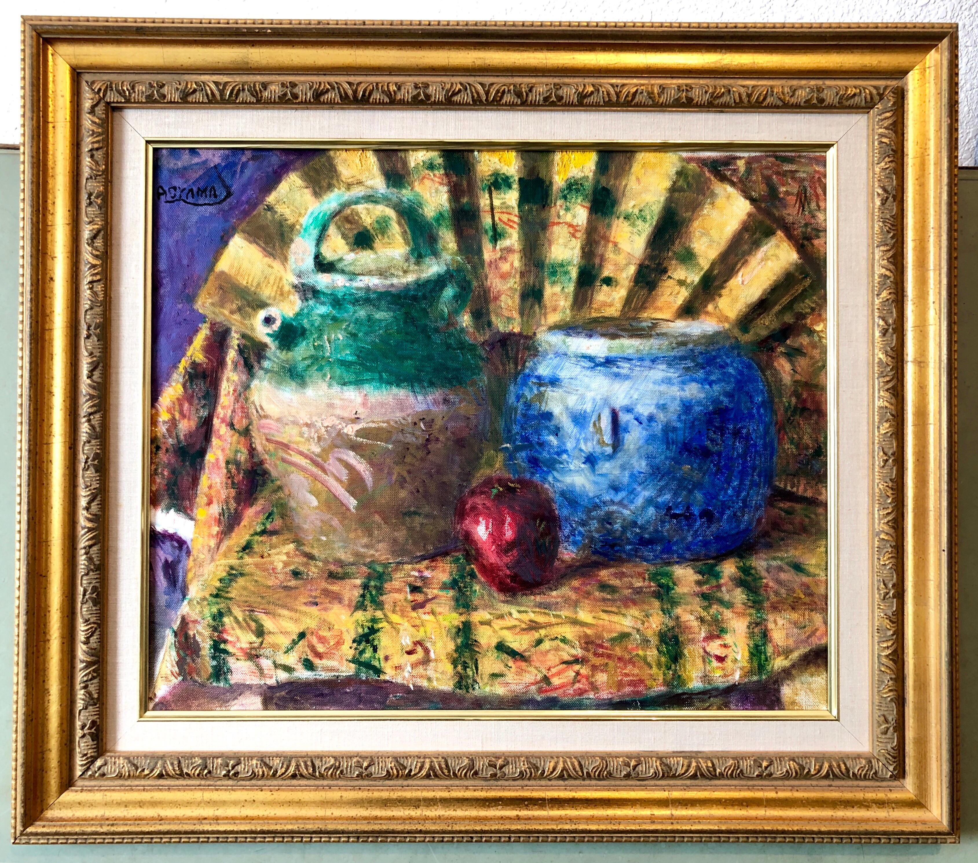 Japanese Fauvist Colorful Oil Painting Chinese Ceramic Jars with Fan and Apple For Sale 4