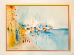 Edward Ben Avram Israeli Bezalel School Jerusalem Landscape Watercolor Painting 