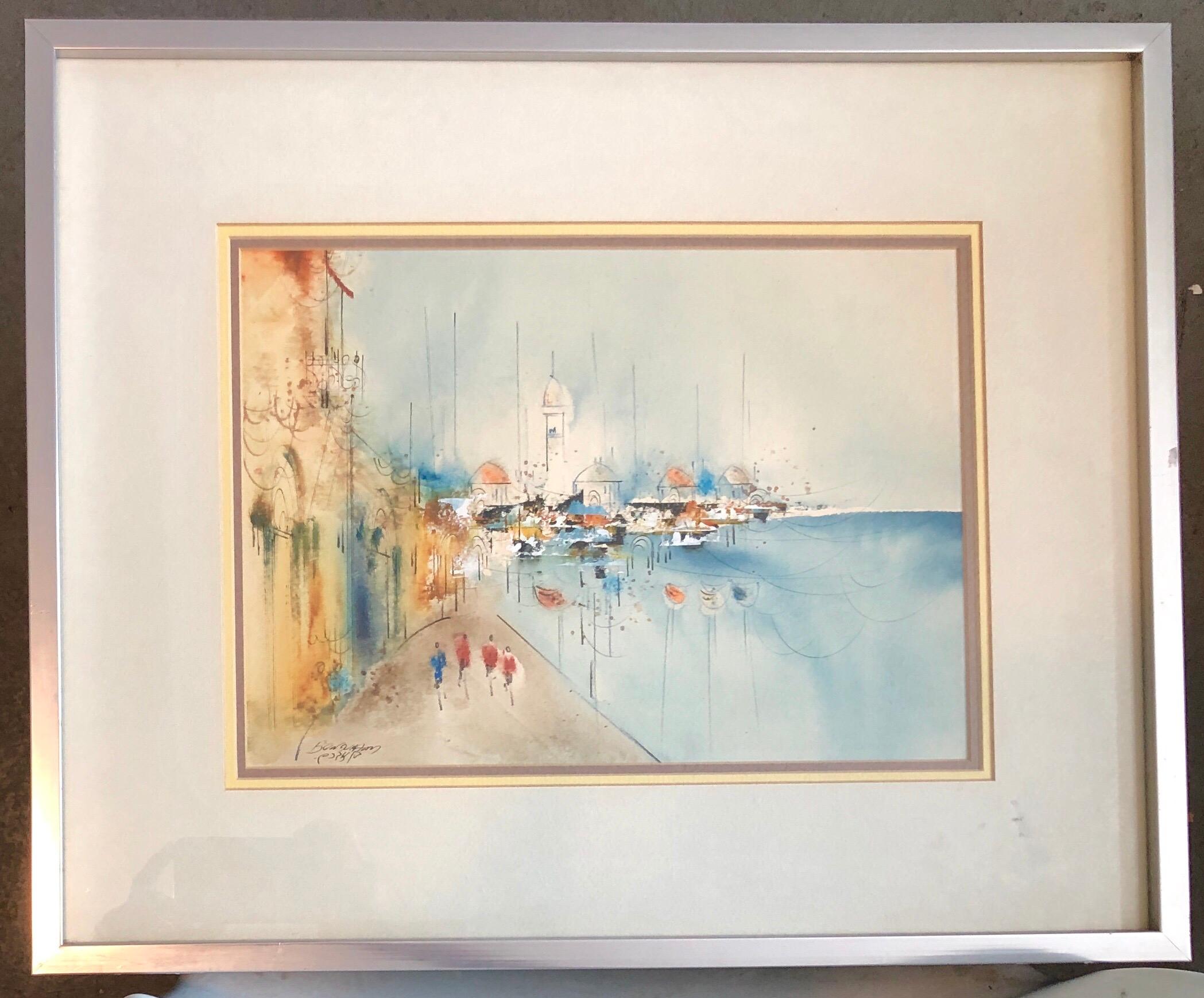 Edward Ben Avram Israeli Bezalel School Jerusalem Landscape Watercolor Painting 2