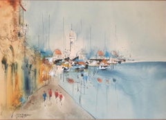 Edward Ben Avram Israeli Bezalel School Jerusalem Landscape Watercolor Painting