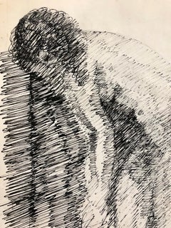 French Israeli Art Deco Nude Ink Drawing Woman Bathing School of Paris