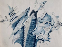 Feminist Surrealist Israeli Woman Artist Blue Watercolor Painting and Drawing