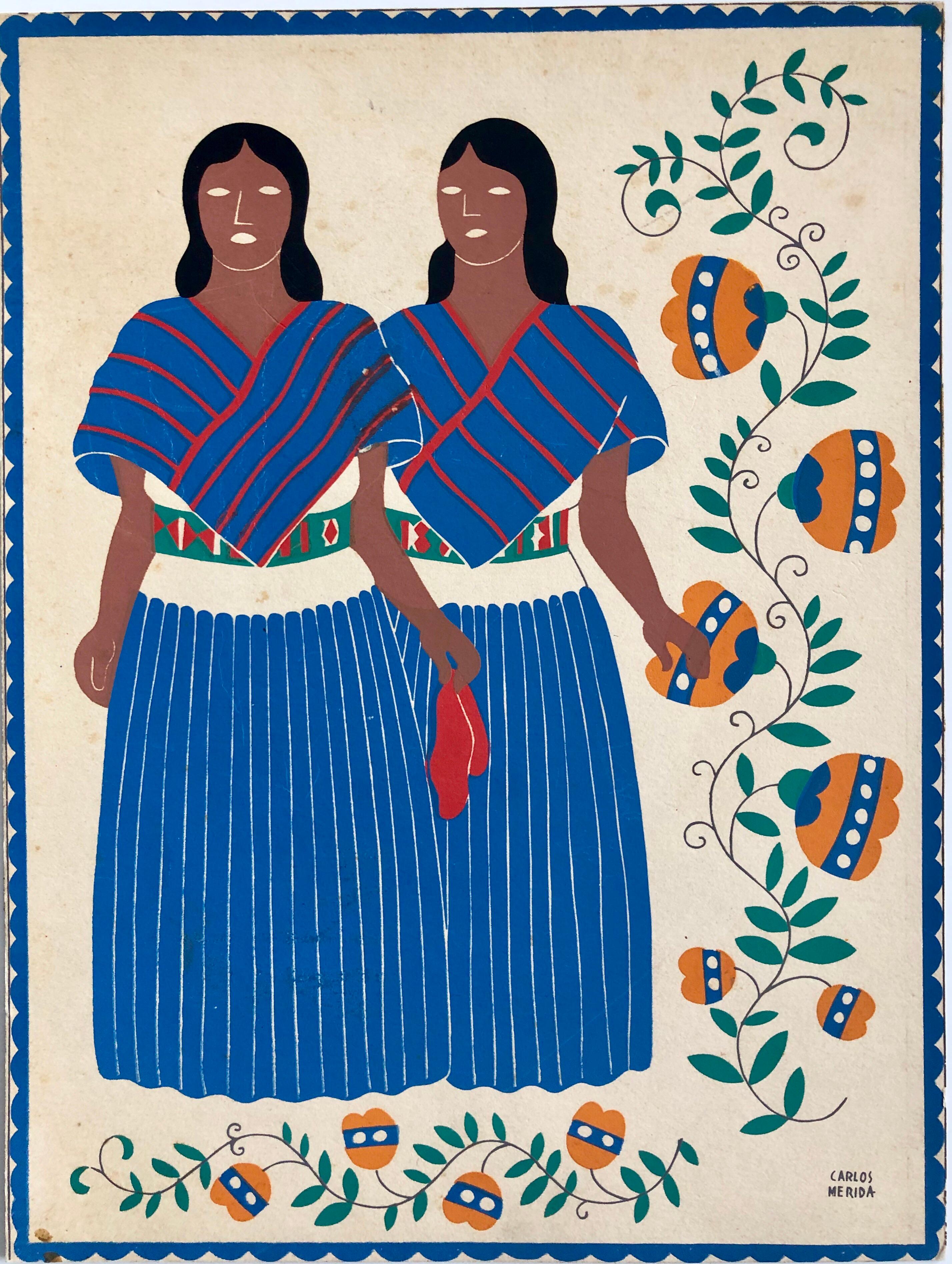 Carlos Merida Figurative Print - 1945 Mexican Modernist Silkscreen Serigraph Print Regional Folk Art Dress Mexico