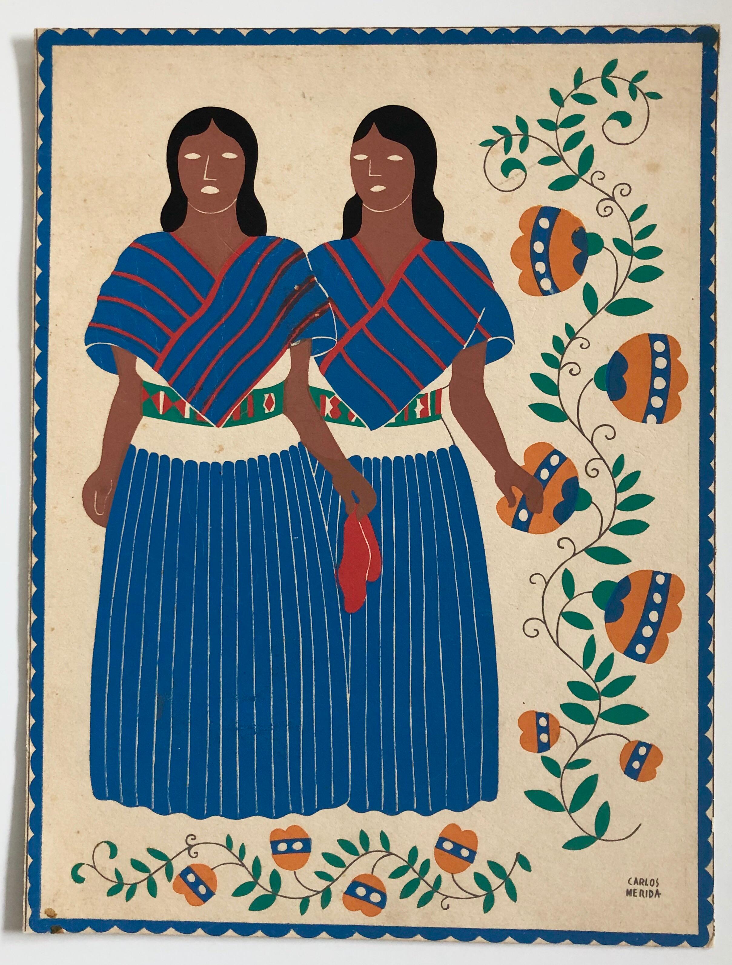 1945 Mexican Modernist Silkscreen Serigraph Print Regional Folk Art Dress Mexico 1