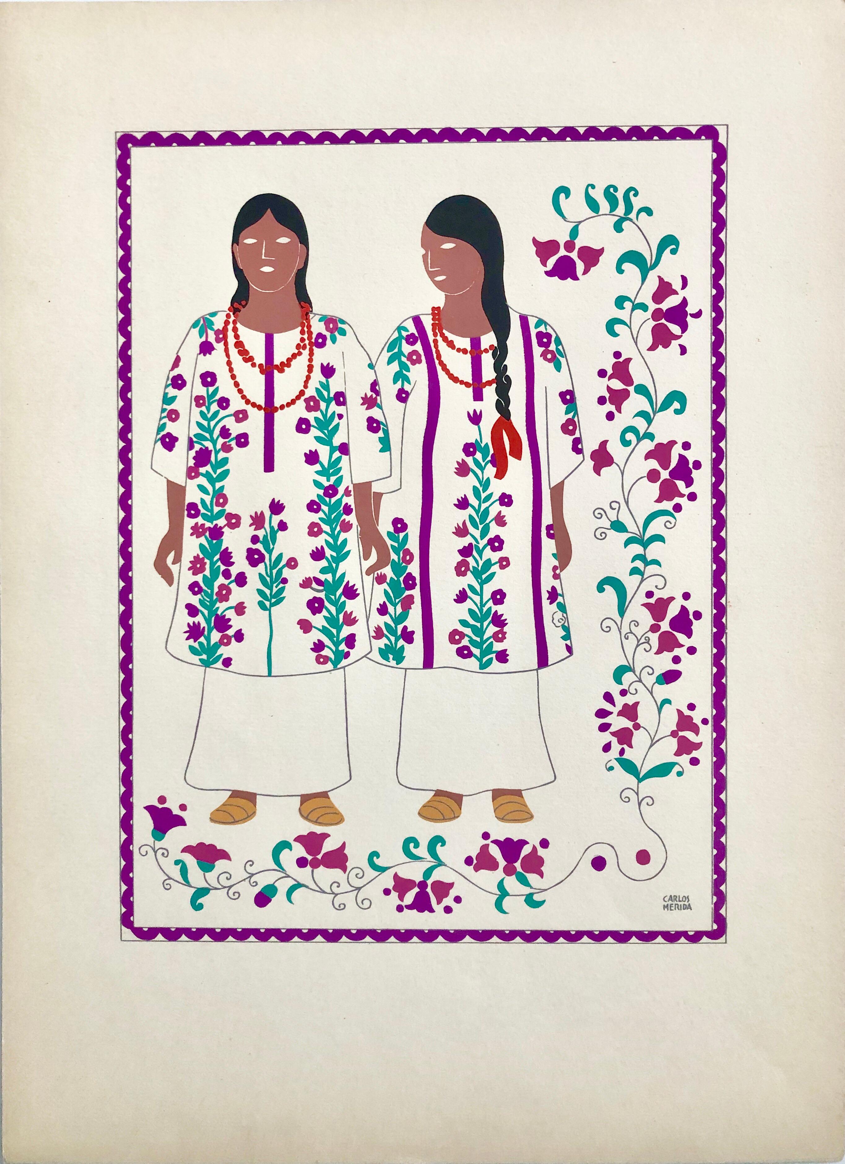 Carlos Merida Figurative Print - 1945 Mexican Modernist Silkscreen Serigraph Print Regional Folk Art Dress Mexico