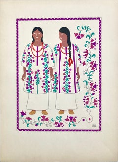 Vintage 1945 Mexican Modernist Silkscreen Serigraph Print Regional Folk Art Dress Mexico