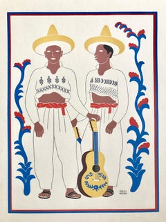 Vintage 1945 Mexican Modernist Silkscreen Serigraph Print Regional Folk Art Dress Mexico