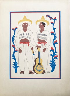 1945 Serigrafía Modernista Mexicana Serigrafía Vestido Regional de Arte Popular México