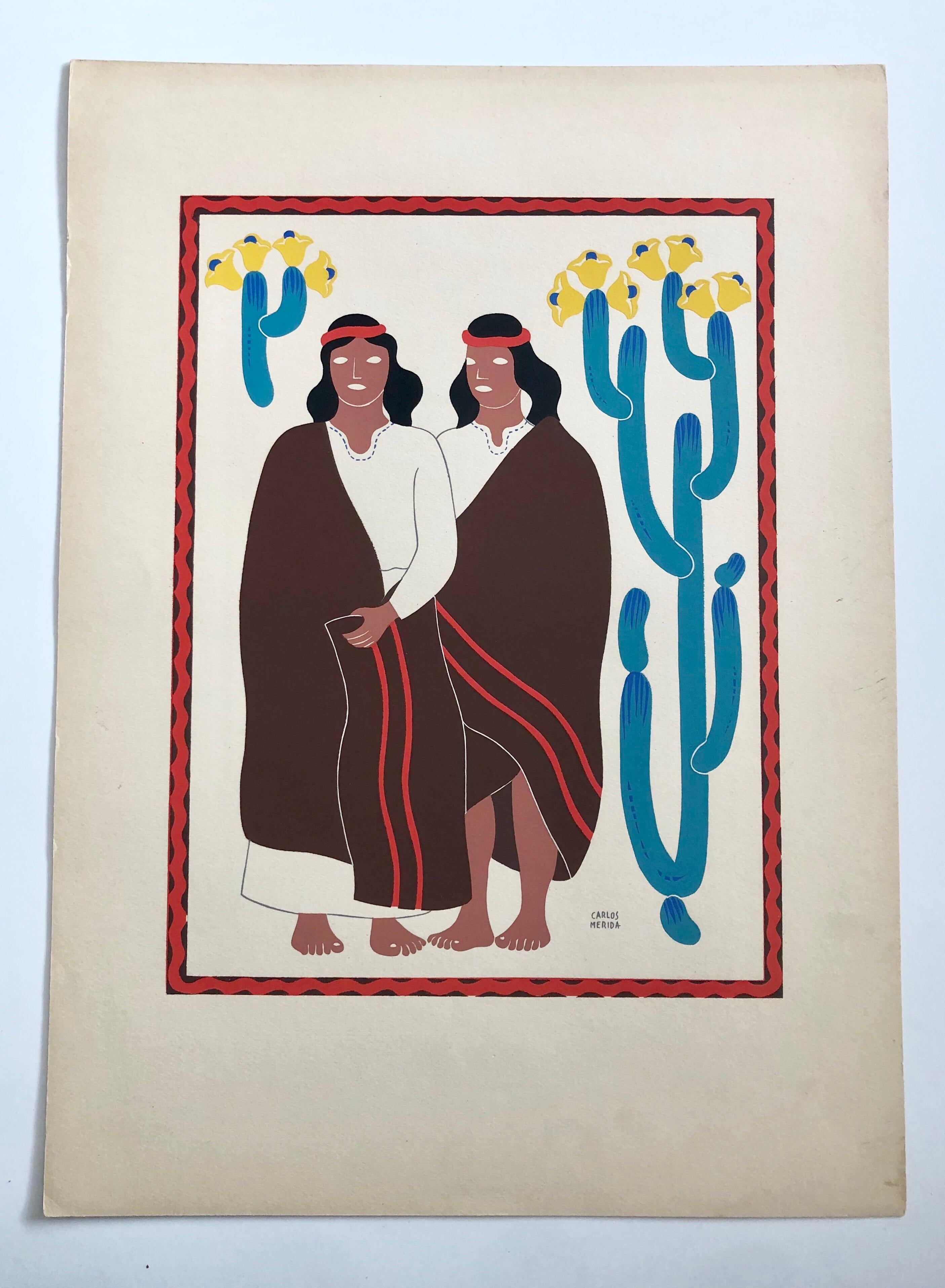 1945 Mexican Modernist Silkscreen Serigraph Print Regional Folk Art Dress Mexico - Beige Abstract Print by Carlos Merida