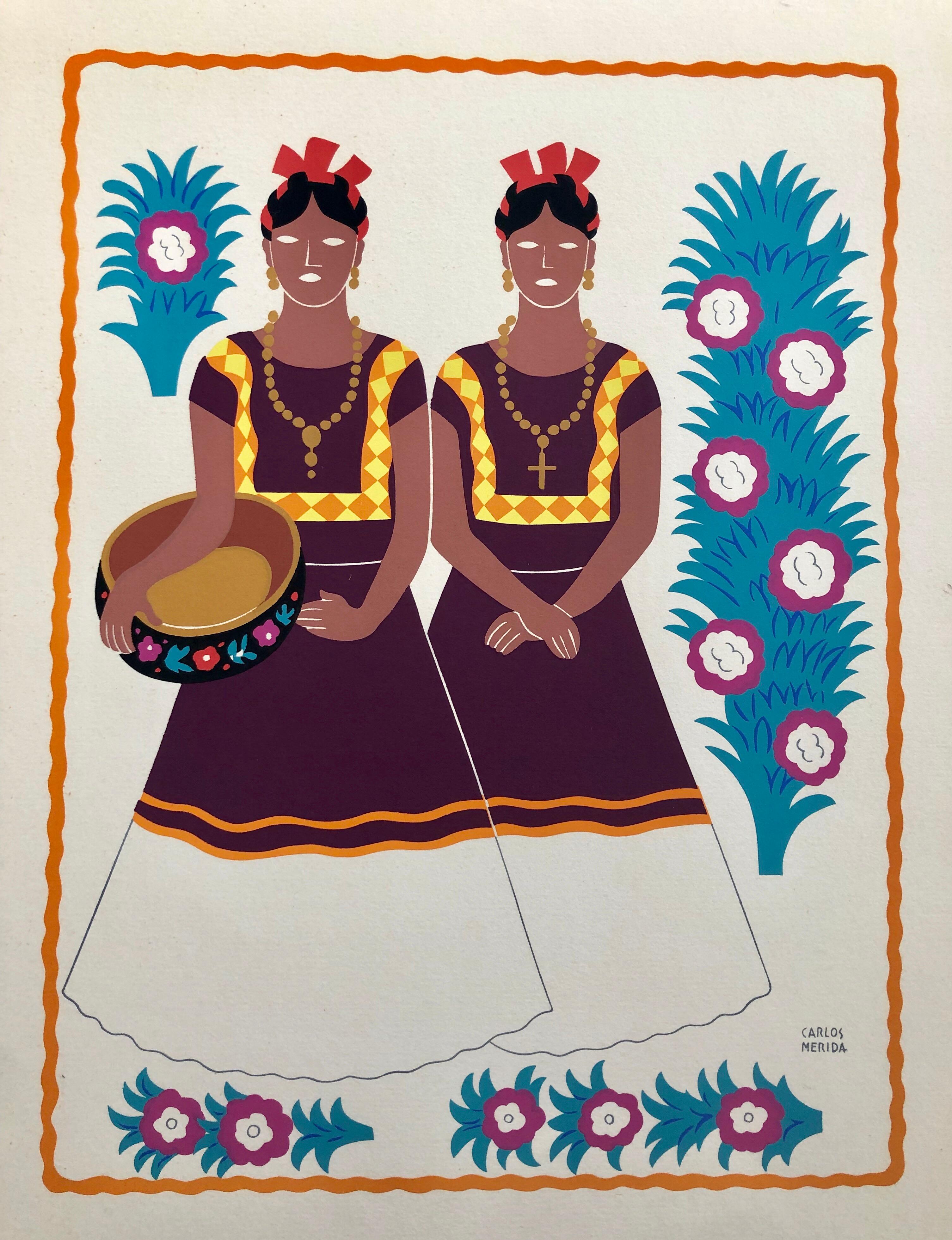 1945 Mexikanische Moderne Seide Siebdruck Serigraph Print Regionale Volkskunst Kleid Mexiko (Beige), Figurative Print, von Carlos Merida