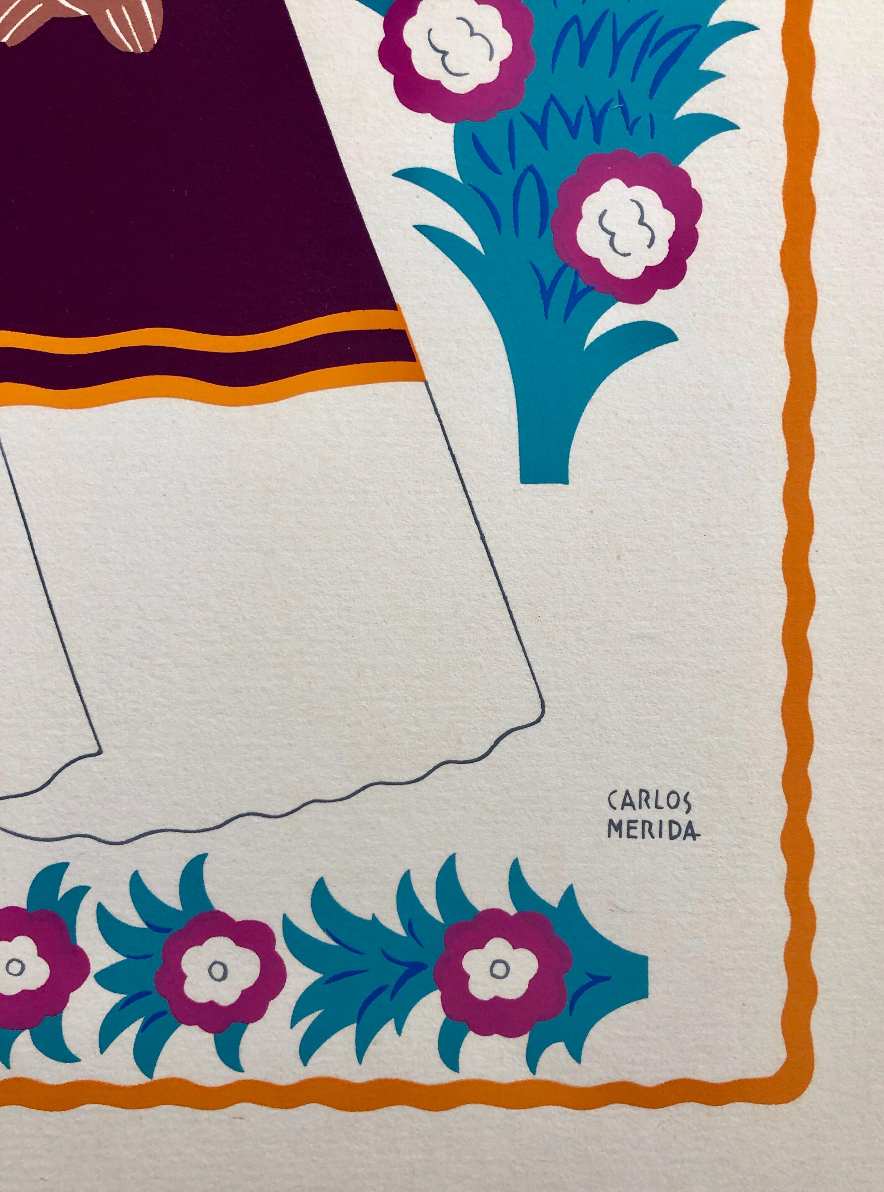 1945 Mexikanische Moderne Seide Siebdruck Serigraph Print Regionale Volkskunst Kleid Mexiko im Angebot 1