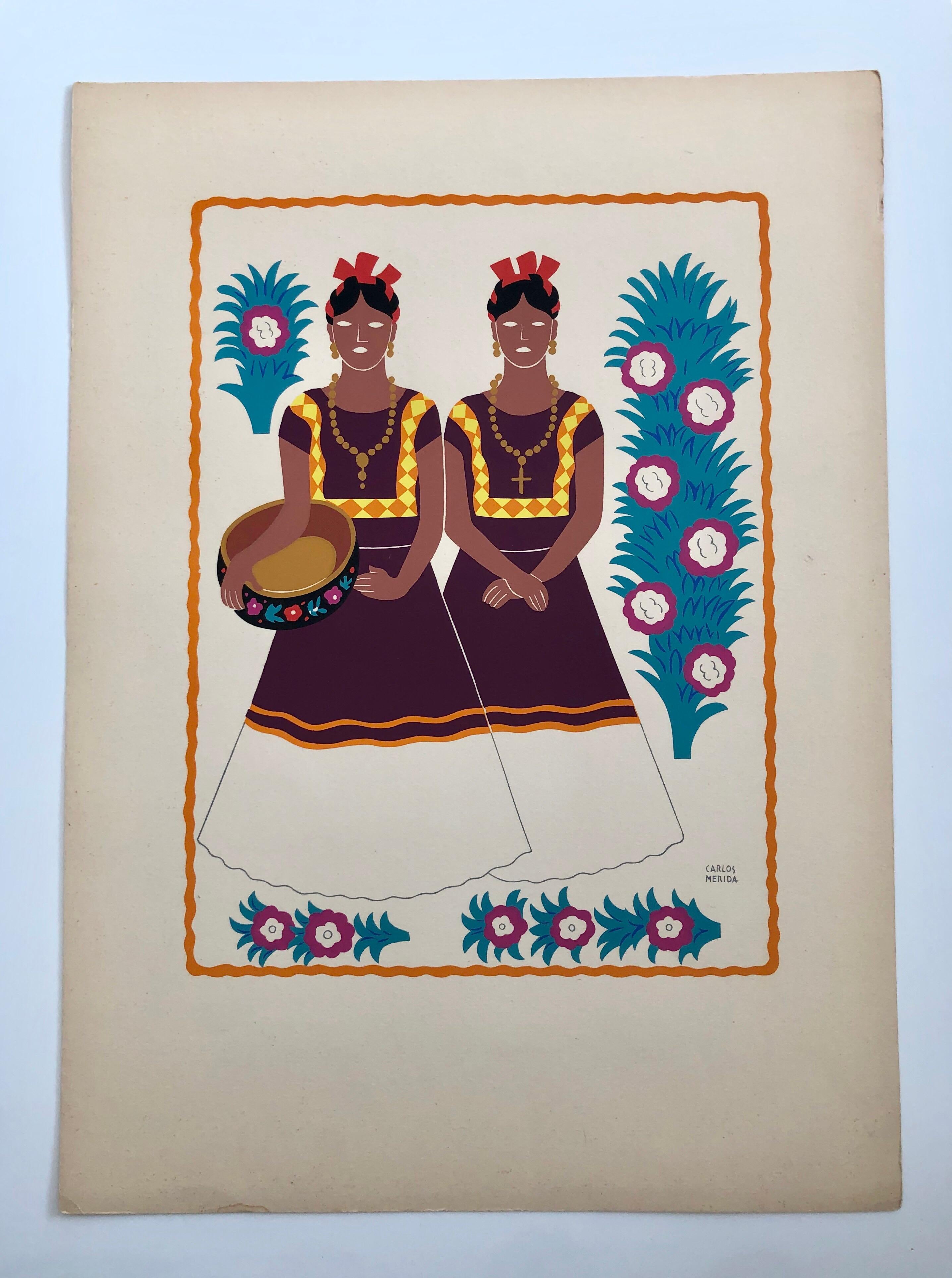 1945 Mexikanische Moderne Seide Siebdruck Serigraph Print Regionale Volkskunst Kleid Mexiko im Angebot 2