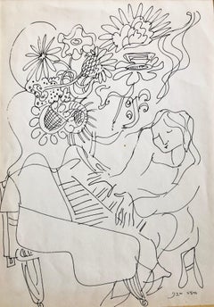 Vintage Israeli Bezalel School Drawing Woman Playing Piano, Flowers Kibbutz Life