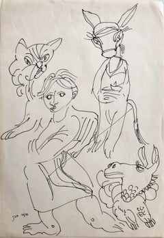 Vieille école israélienne Bezalel, dessin surréaliste garçon avec animaux, vie d'un kibbutz