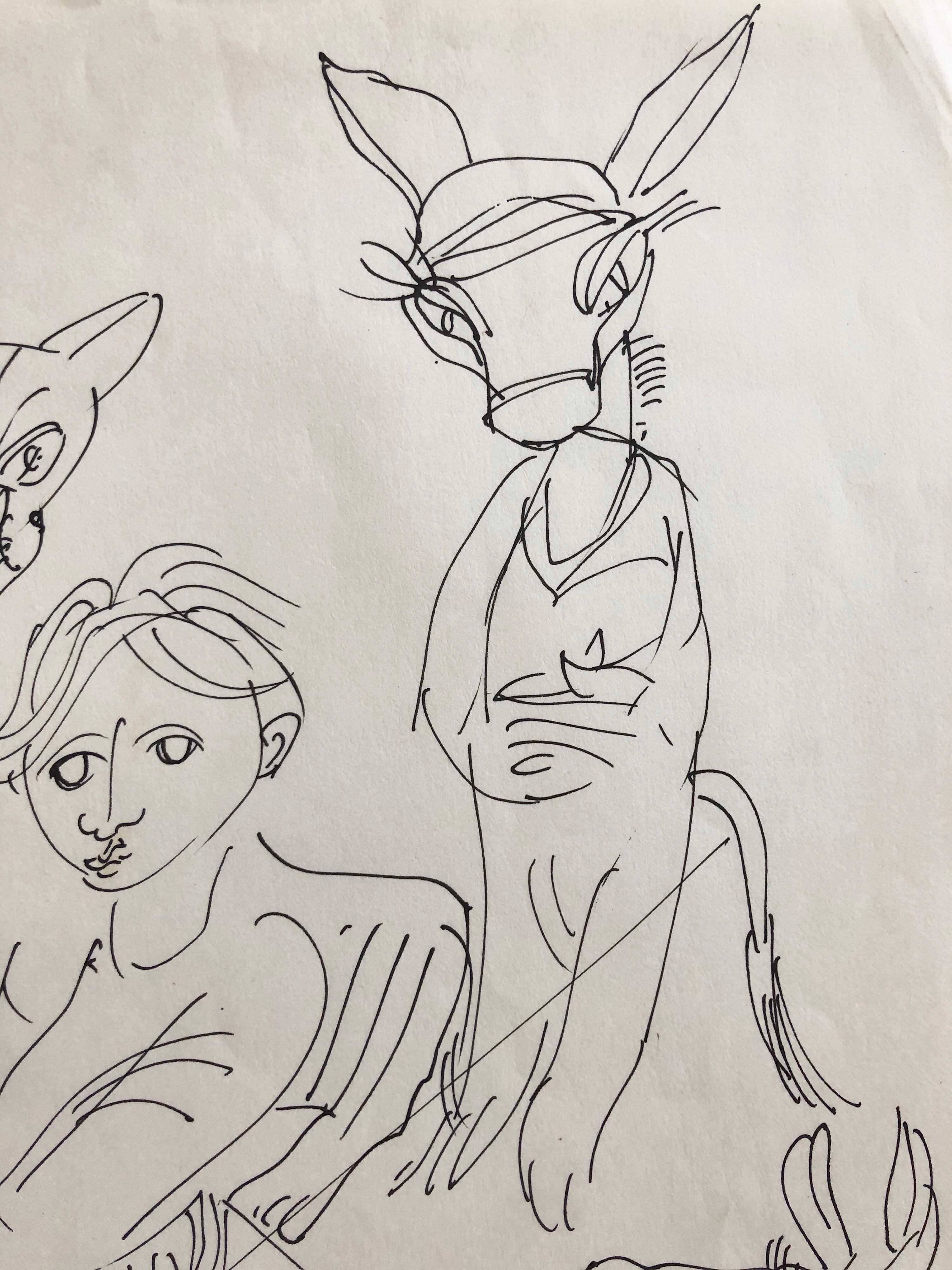 Surrealistischer Junge mit Tieren, Zeichnung, Israelische Bezalel-Schule, Kibbutz-Leben – Art von Moshe Avni
