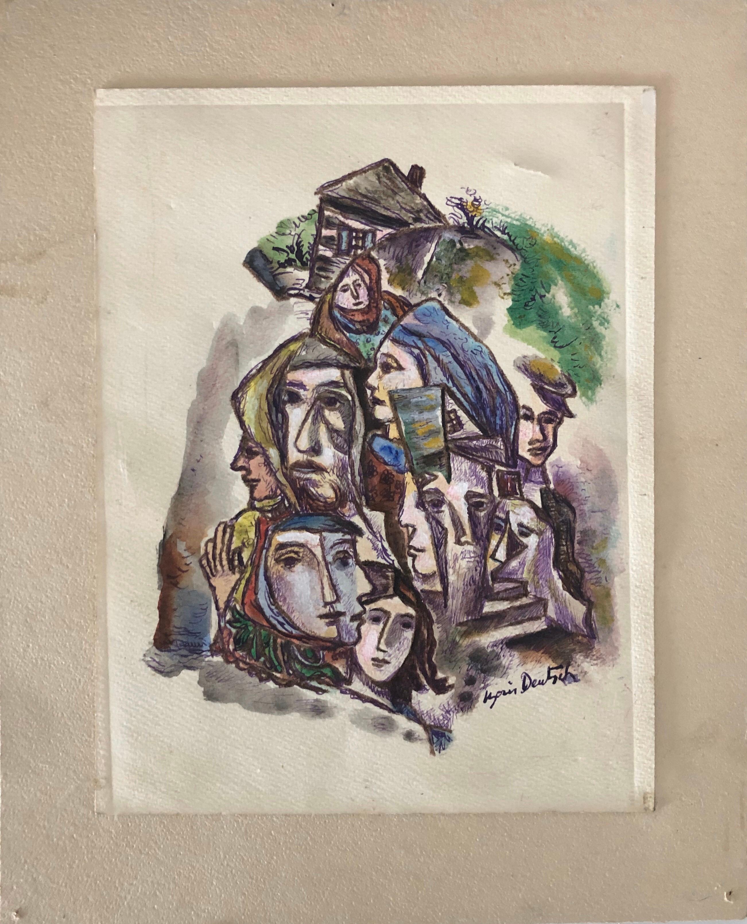 Abstrakte abstrakte Häuser und Gesichter Tusche Zeichnung und Aquarellmalerei Shtetl Judaica  (Moderne), Art, von Boris Deutsch