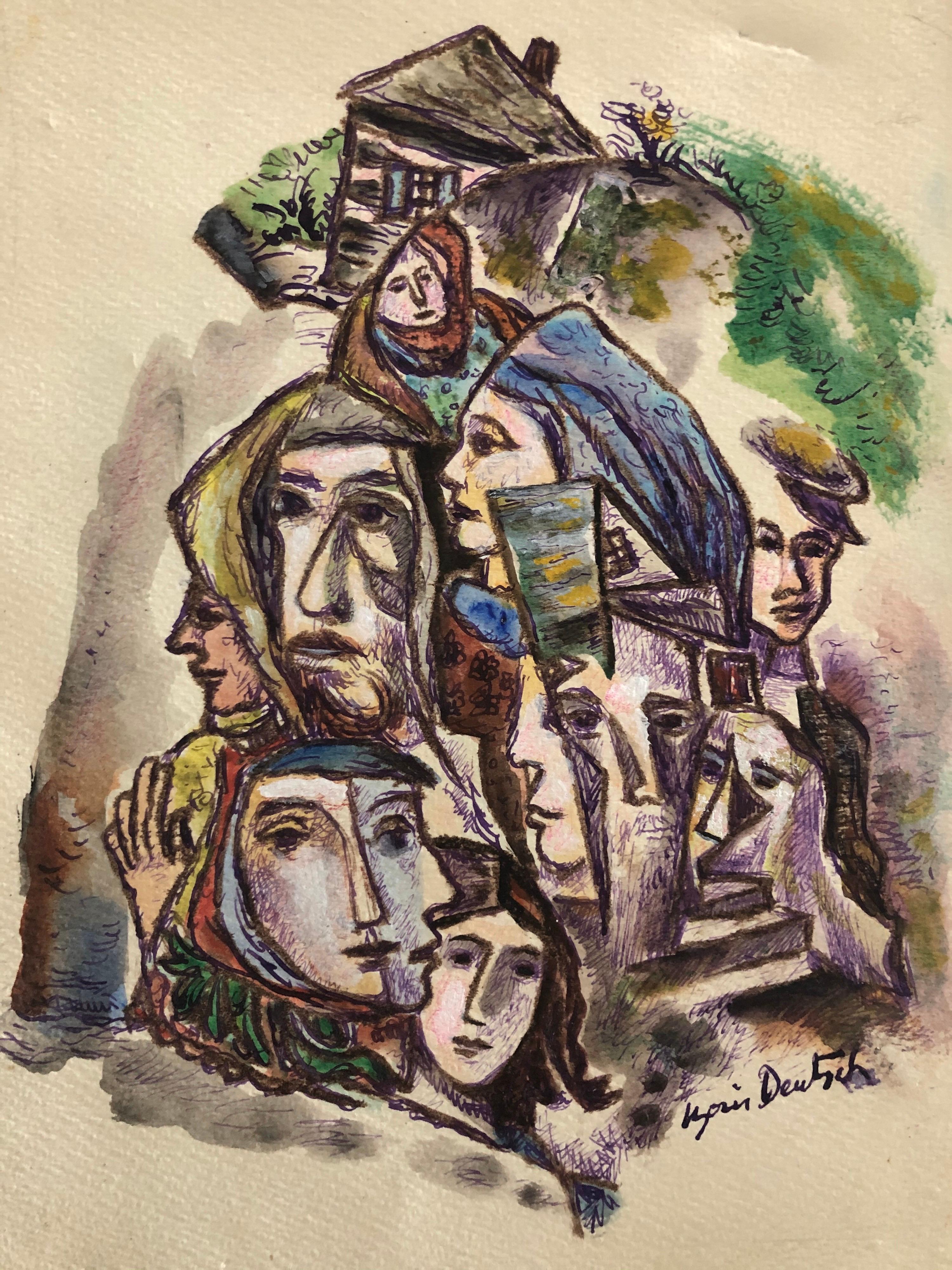 Dessin à l'encre et peinture à l'aquarelle abstrait de Shtetl Judaica - « Houses and Faces » 