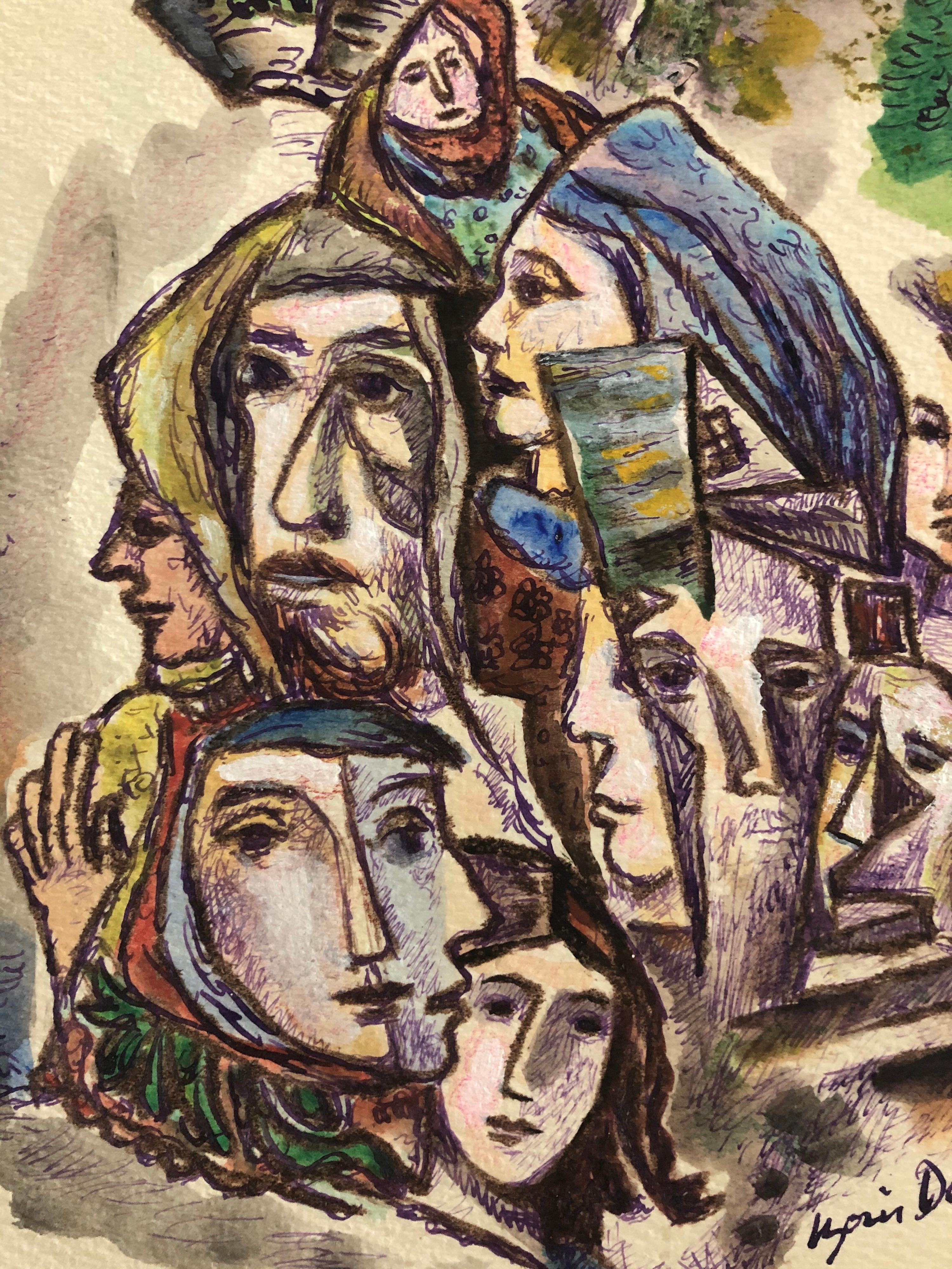 Dessin à l'encre et peinture à l'aquarelle abstrait de Shtetl Judaica - « Houses and Faces »  - Art de Boris Deutsch