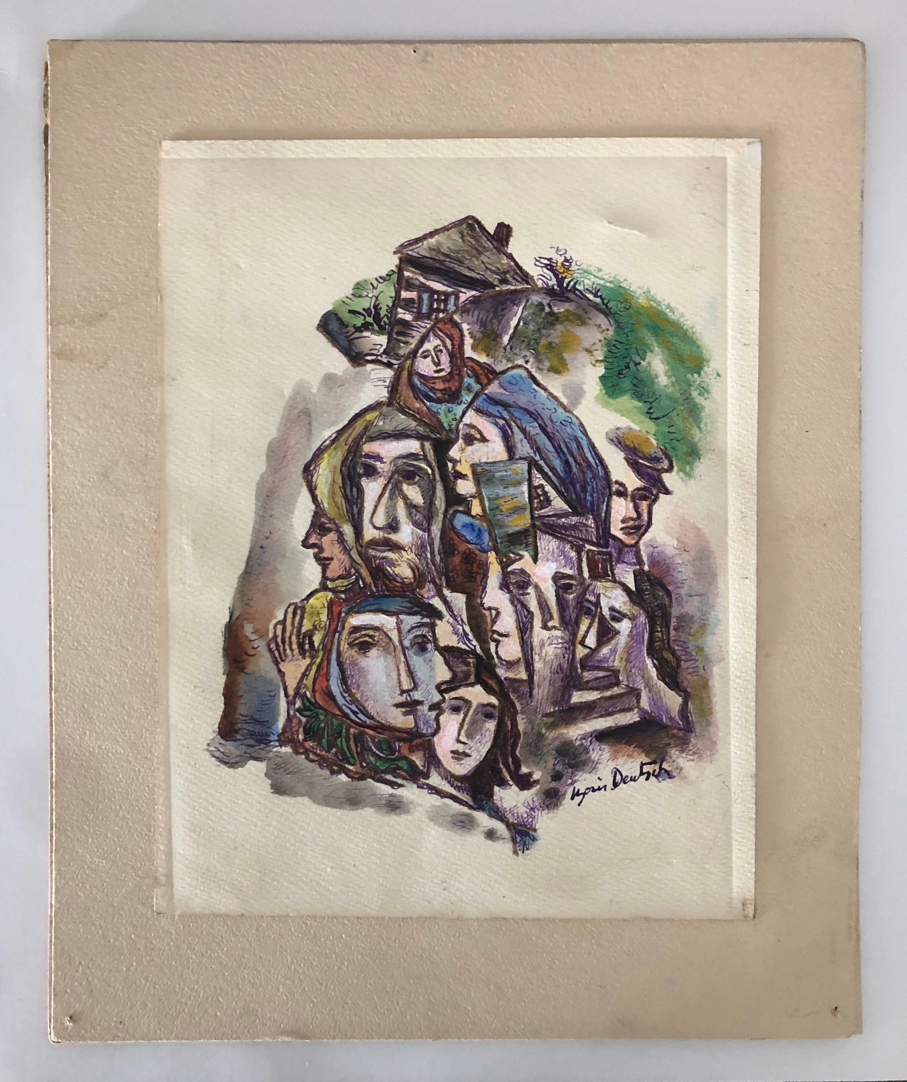 Abstrakte abstrakte Häuser und Gesichter Tusche Zeichnung und Aquarellmalerei Shtetl Judaica  (Beige), Portrait, von Boris Deutsch