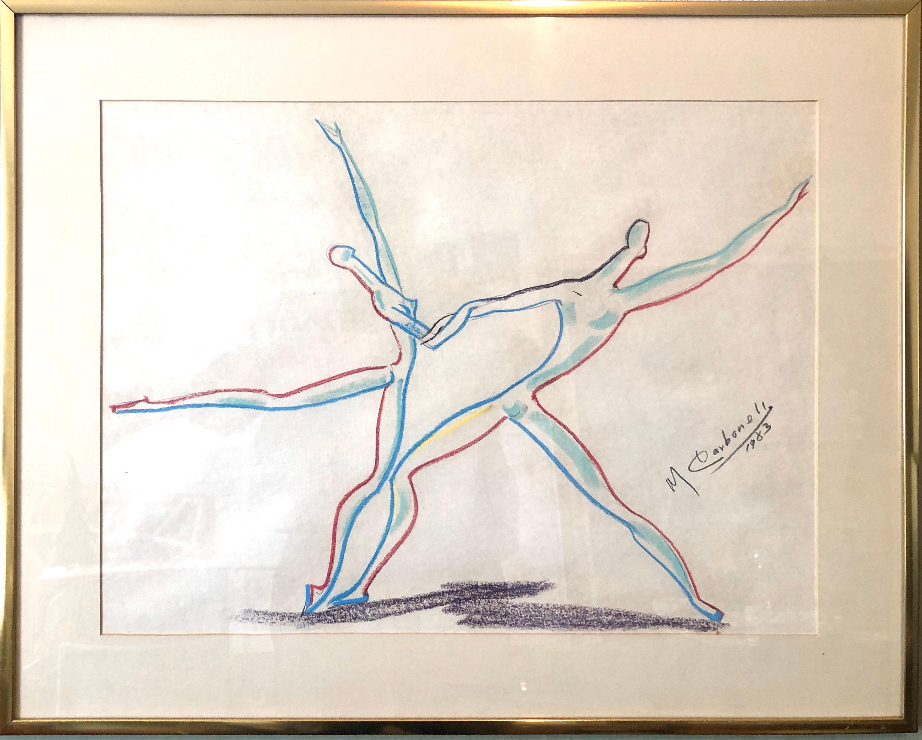 Cuban Modernist Master Colorful Pastel Crayon Drawing Lyrical Ballet Dancers - Art by Manuel Carbonell