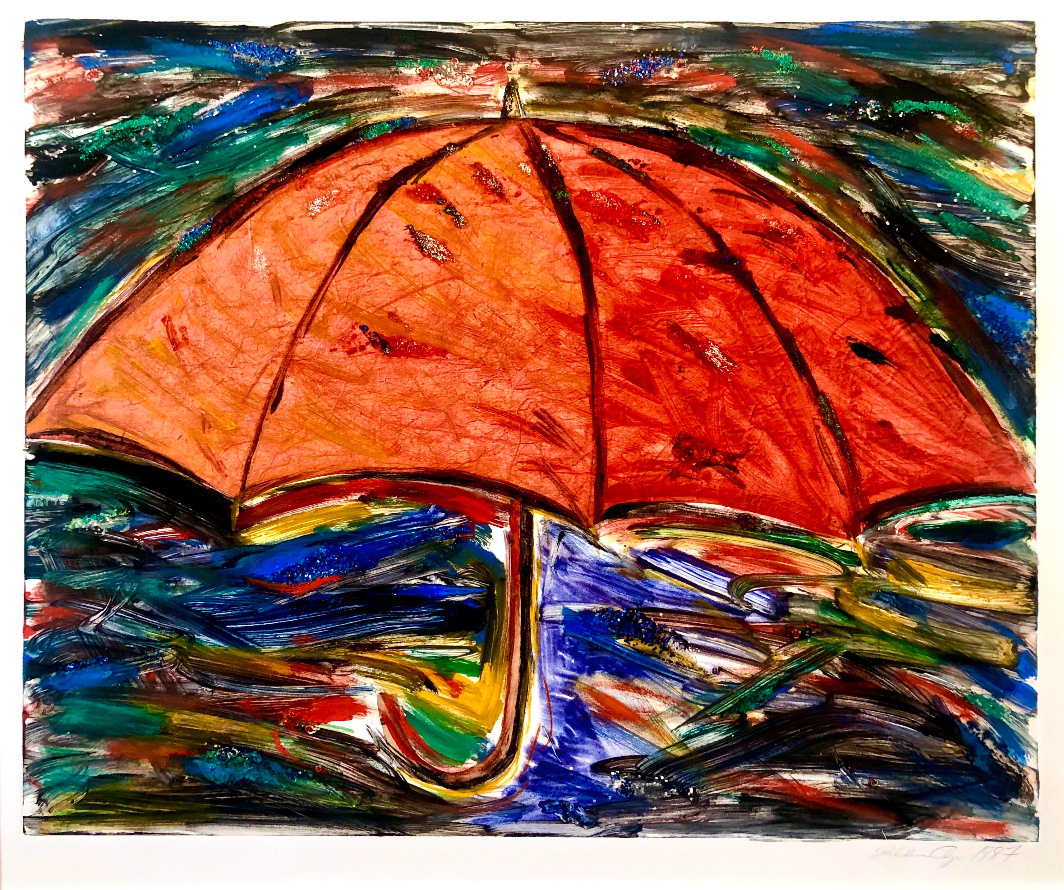 Umbrella, Monotype with Hand Painting, Glitter, Asian American Art, Woman Artist - Mixed Media Art by Helen Oji