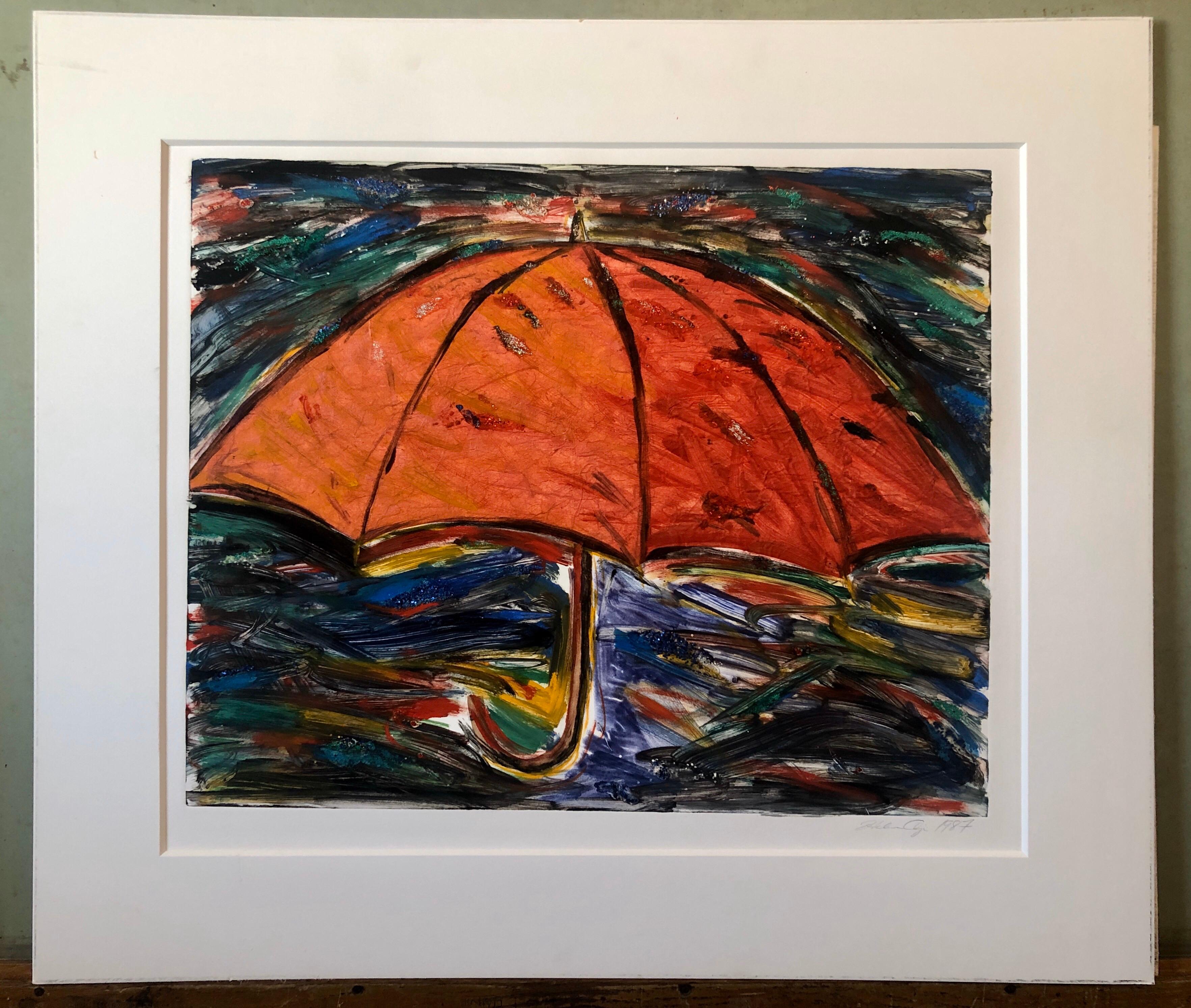Umbrella, Monotype with Hand Painting, Glitter, Asian American Art, Woman Artist For Sale 6