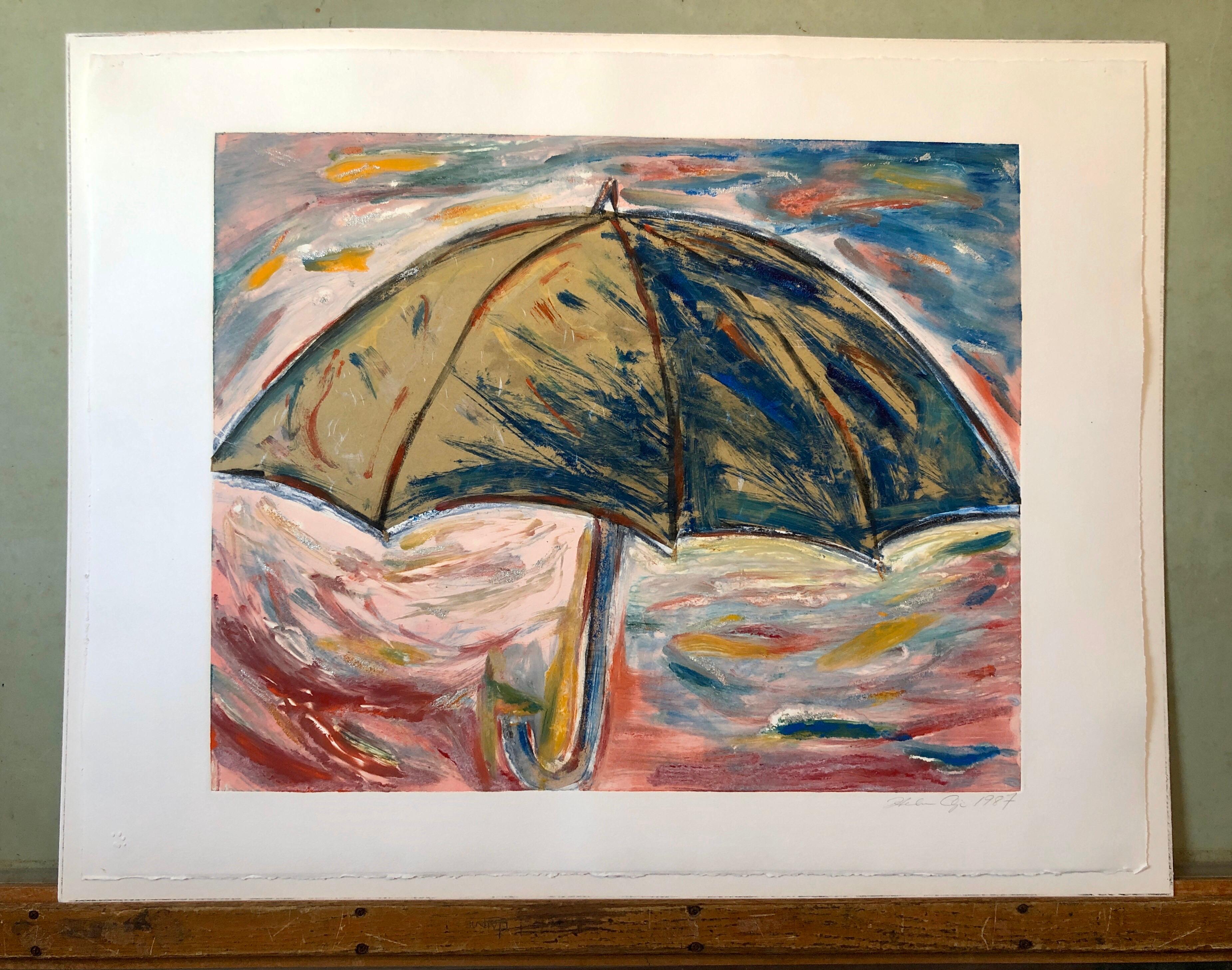 Umbrella, Monotype with Hand Painting, Glitter, Asian American Art, Woman Artist For Sale 5