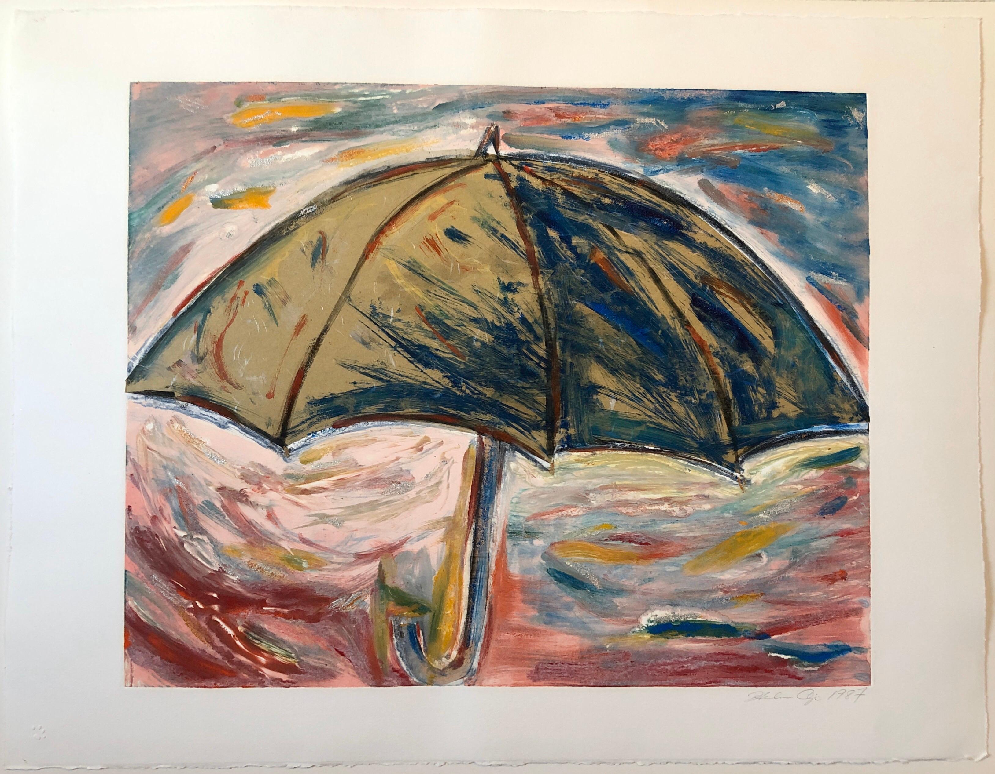 Umbrella, Monotype with Hand Painting, Glitter, Asian American Art, Woman Artist For Sale 4