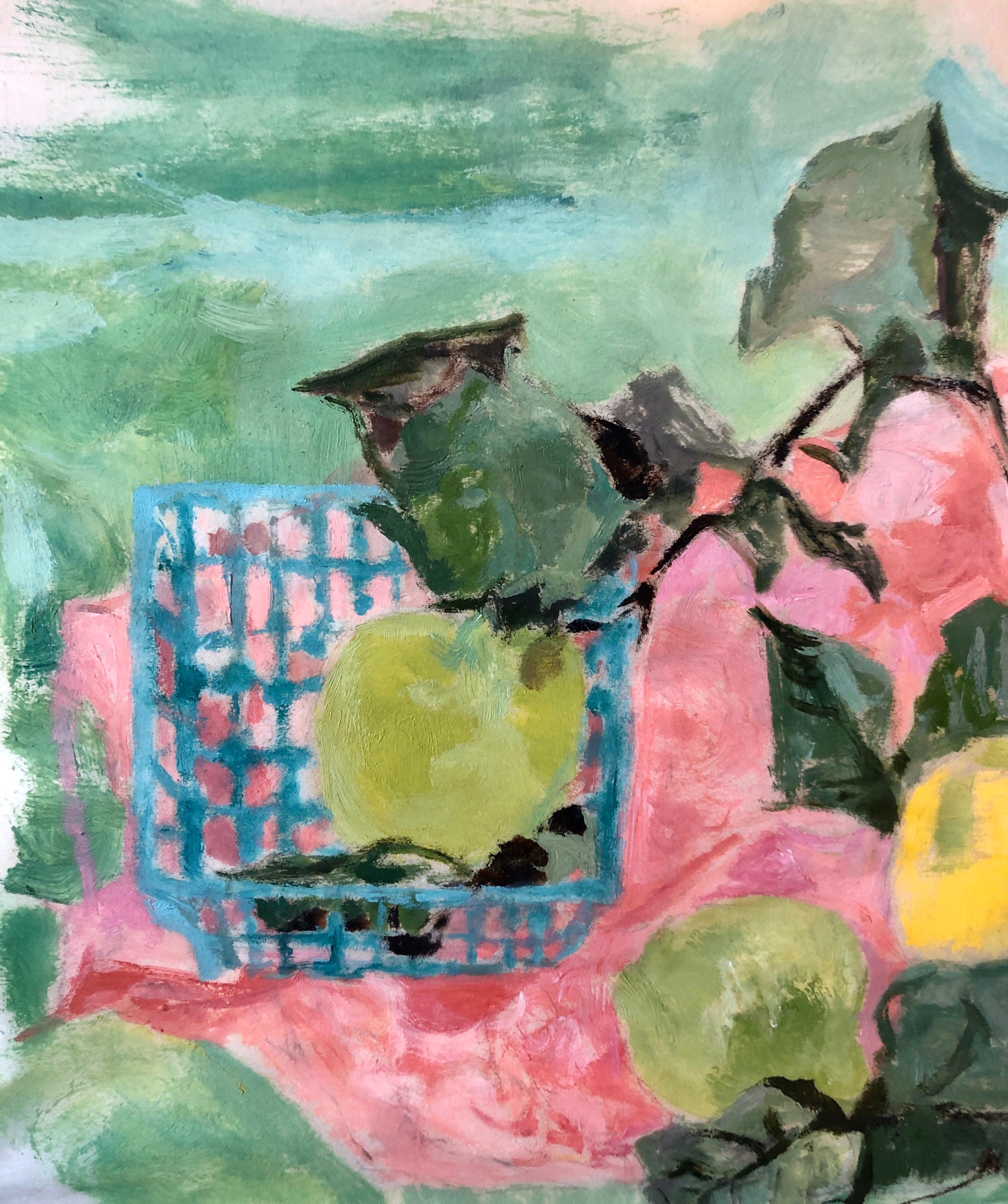 Still Life Pink & Green, Lemons, Limes in Basket Modernist Picnic Painting 1