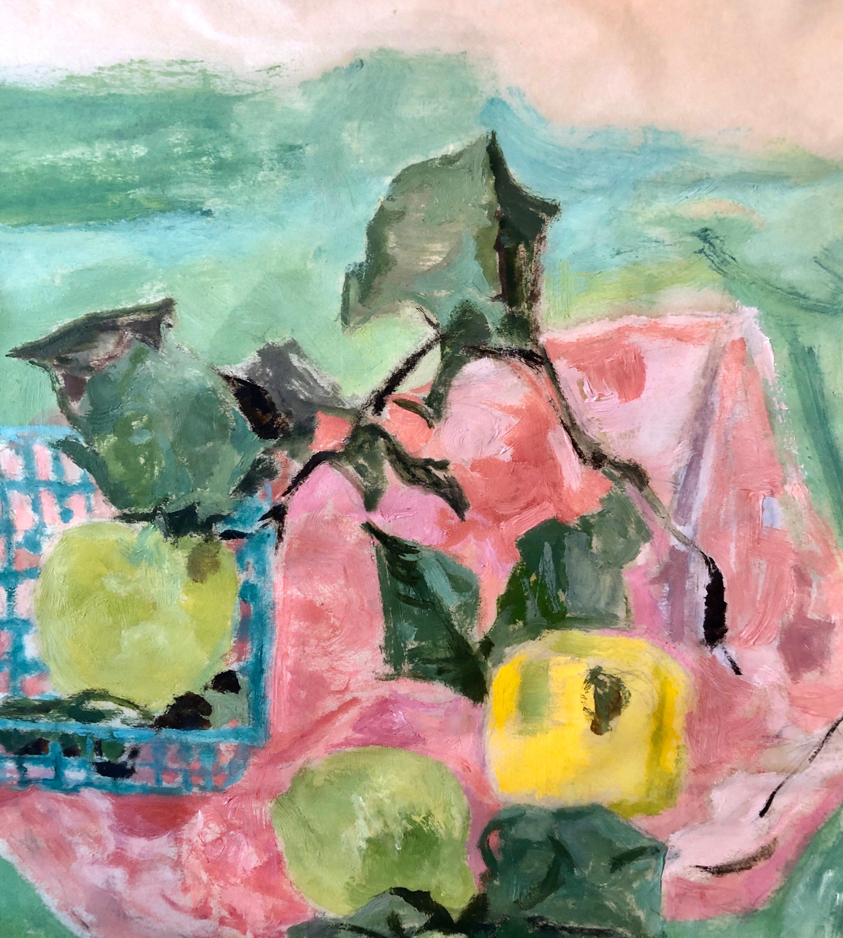 Nature morte rose et verte, citrons et lys dans un panier Peinture de pique-nique moderniste 1