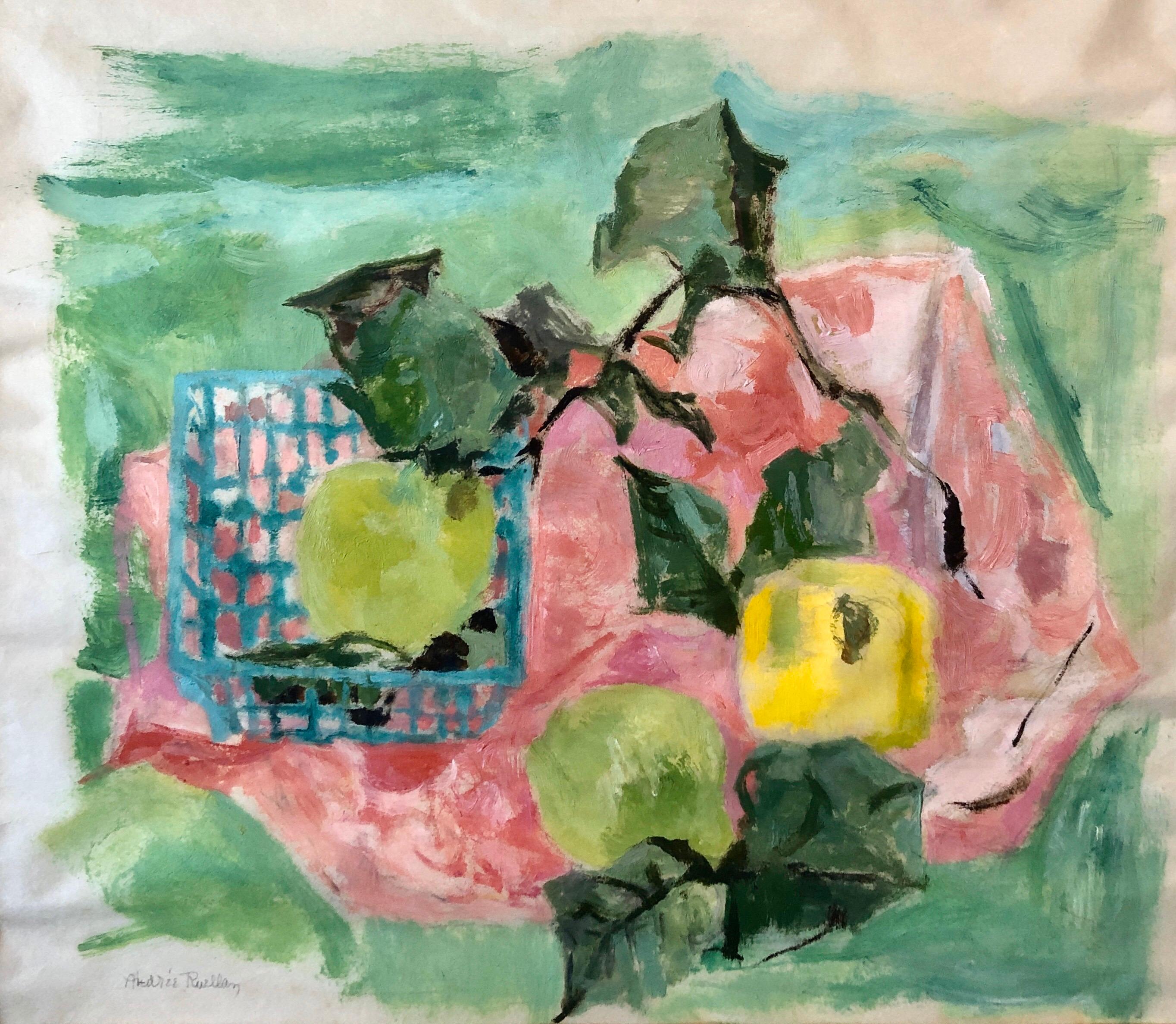 Nature morte rose et verte, citrons et lys dans un panier Peinture de pique-nique moderniste 2