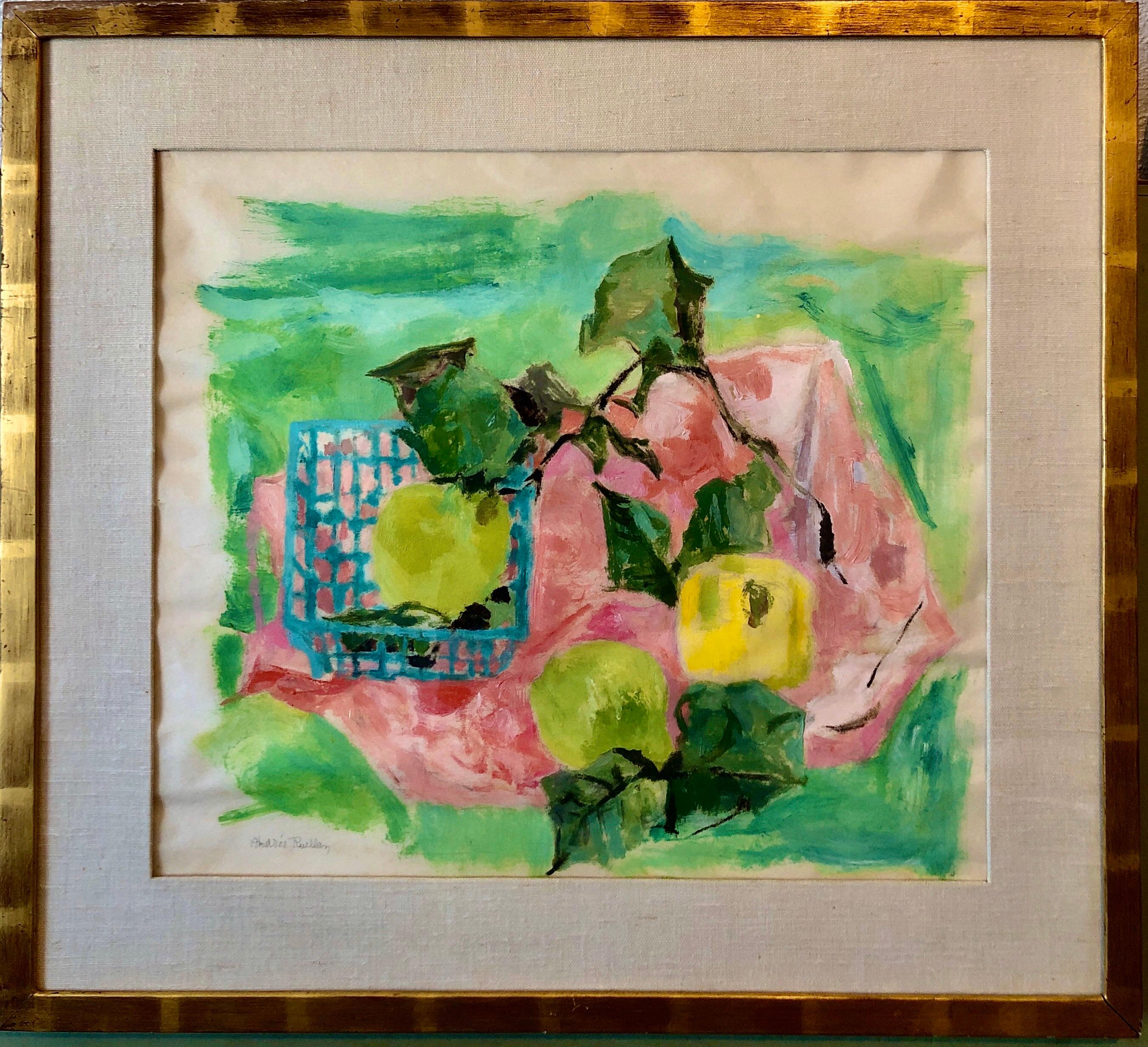 Interior Painting Andrée Ruellan - Nature morte rose et verte, citrons et lys dans un panier Peinture de pique-nique moderniste